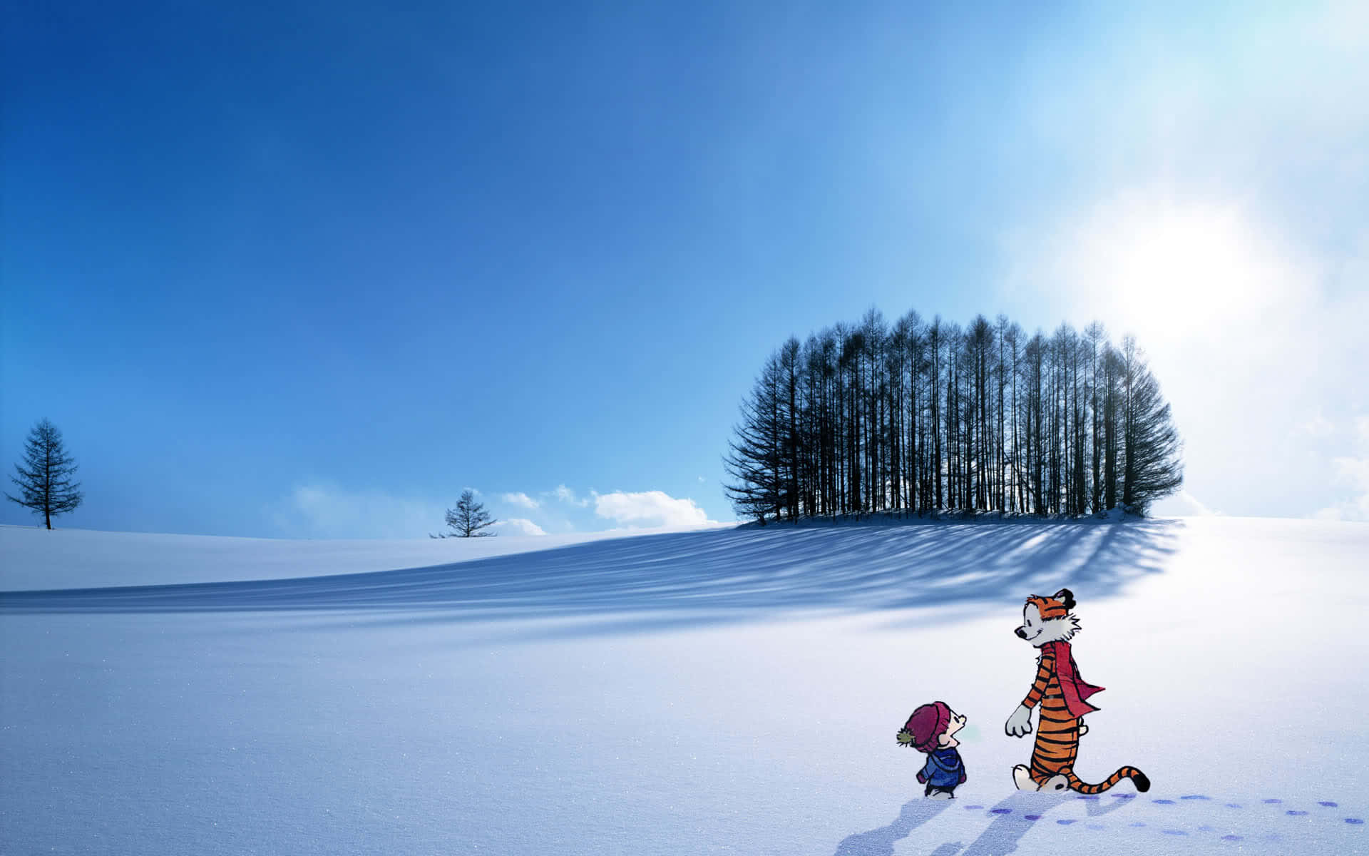 Cartoon Characters 桌布 壁紙 — 卡爾文與霍布斯在明亮的藍天下穿過廣闊的雪地，遠處有森林。