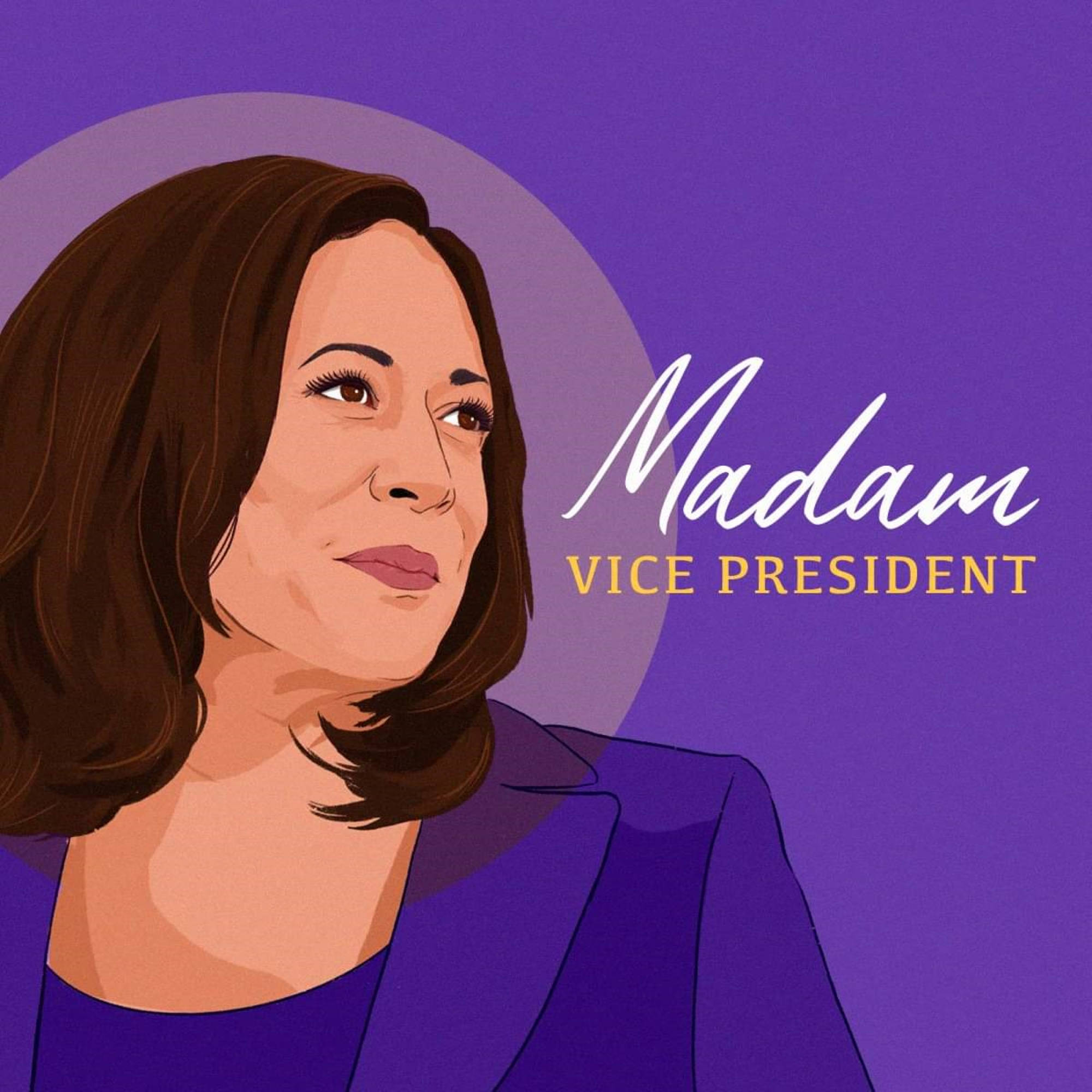 Kamala Harris 桌布 壁紙 — 卡瑪拉·哈里斯的插圖肖像，身穿紫色西裝，背景為純紫色，並帶有文字 Madam Vice President。