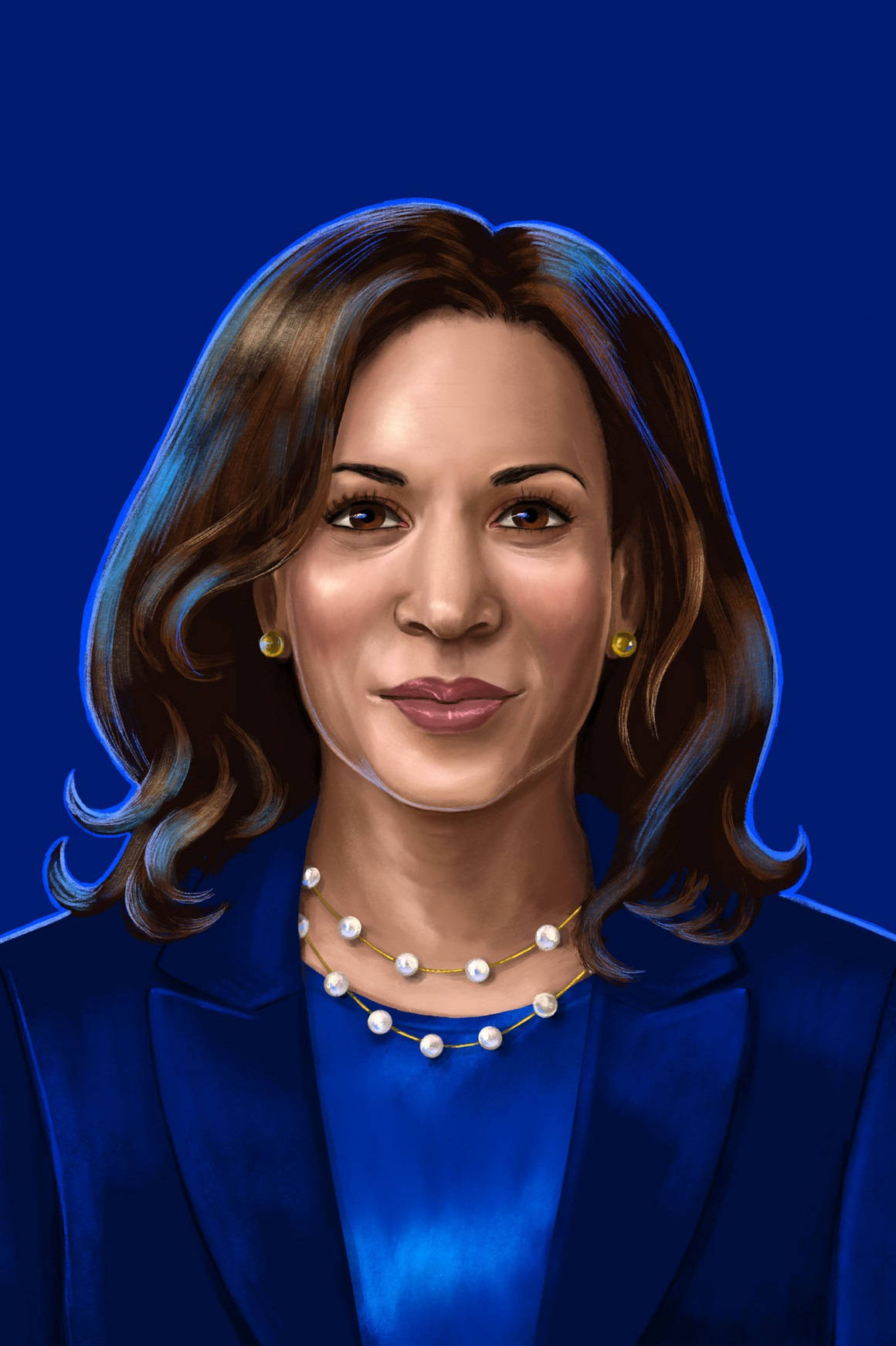 Kamala Harris 桌布 壁紙 — 卡瑪拉·哈里斯的數位肖像，身穿皇家藍色西裝和珍珠項鍊，背景為純藍色。