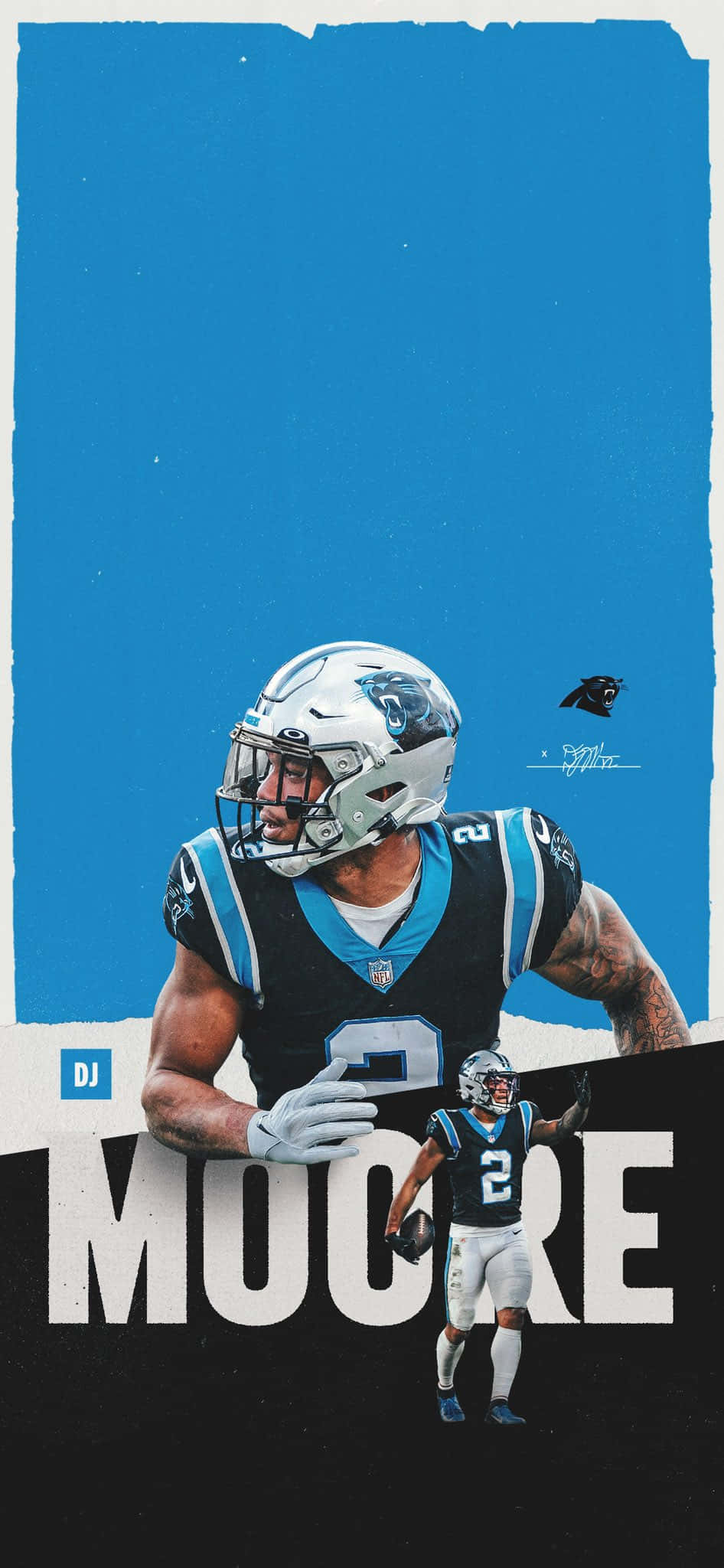 足球 桌布 壁紙 — 卡羅萊納黑豹隊NFL球員DJ Moore的動態數位藝術肖像，背景為大膽的藍色和黑色。