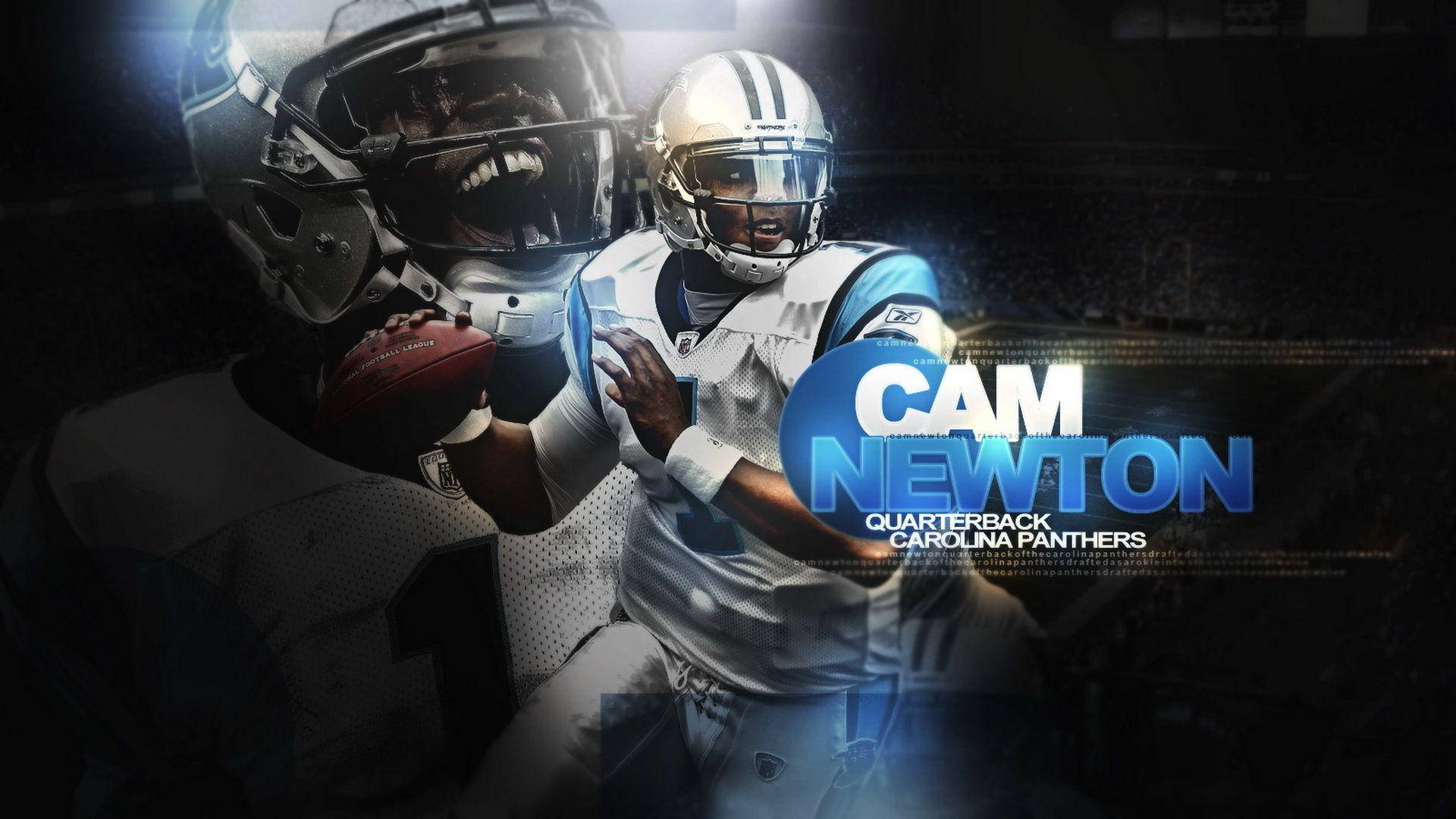 Panthers 桌布 壁紙 — 卡羅萊納黑豹隊球衣的動感足球員在戲劇性的球場燈光下抓住球。