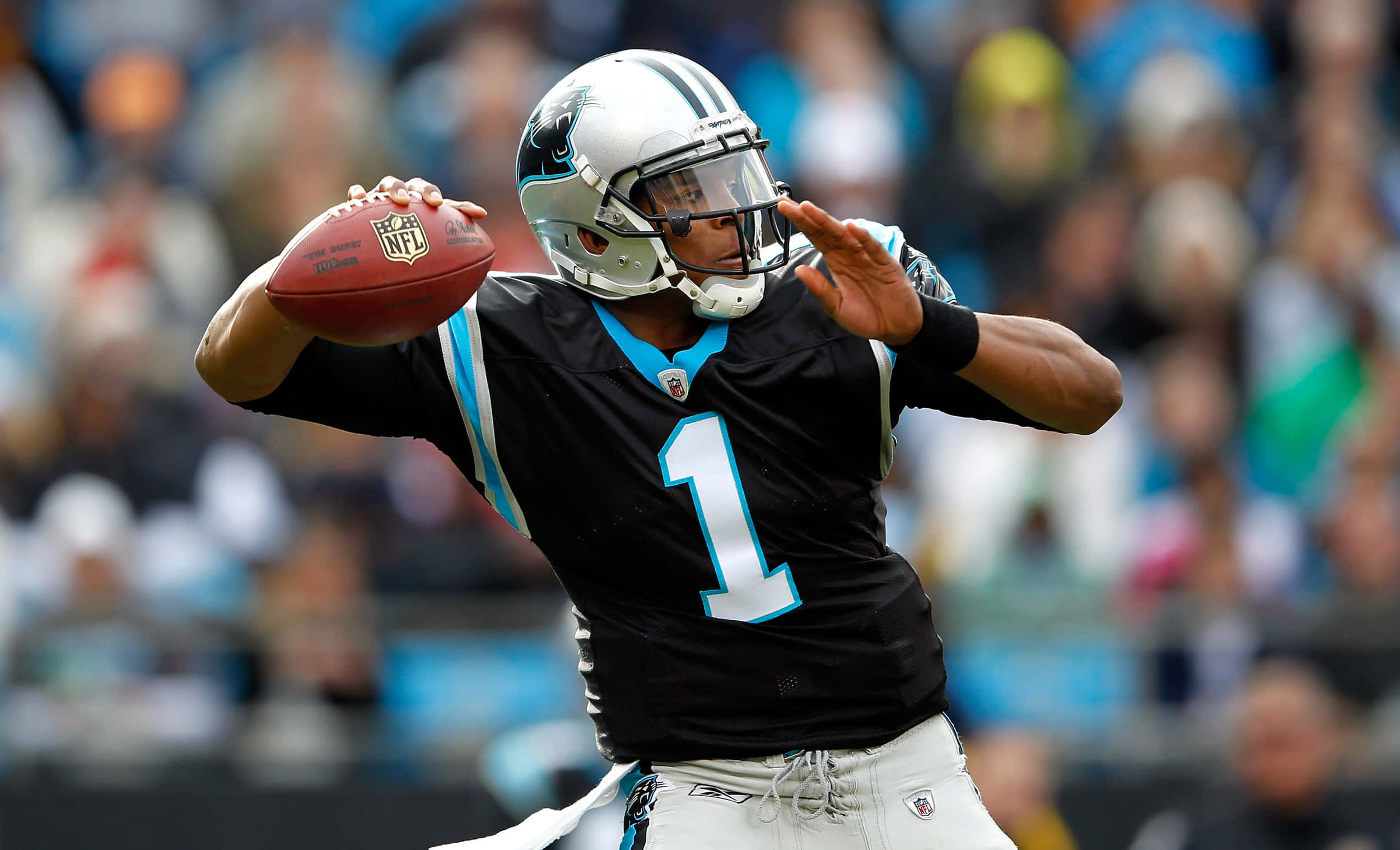 Cam Newton 桌布 壁紙 — 卡羅萊納黑豹隊的四分衛身穿黑藍色制服，在日間比賽中準備擲出橄欖球，背景是模糊的體育場人群。