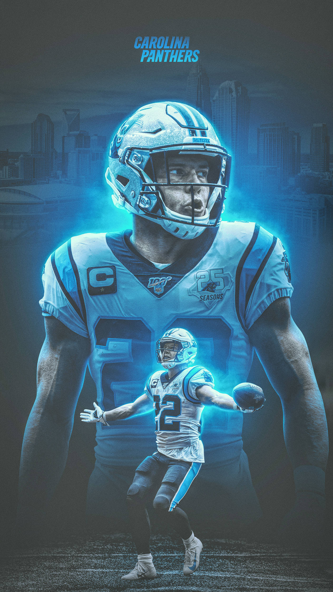 Panthers 桌布 壁紙 — 卡羅萊納黑豹隊的足球員身穿發光藍色制服，背後是城市天際線，高高站立。