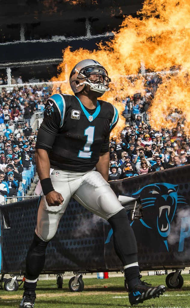 Cam Newton 桌布 壁紙 — 卡羅萊納黑豹隊身穿一號球衣的足球員在陽光明媚的比賽日自信地站立，身後火焰噴發。
