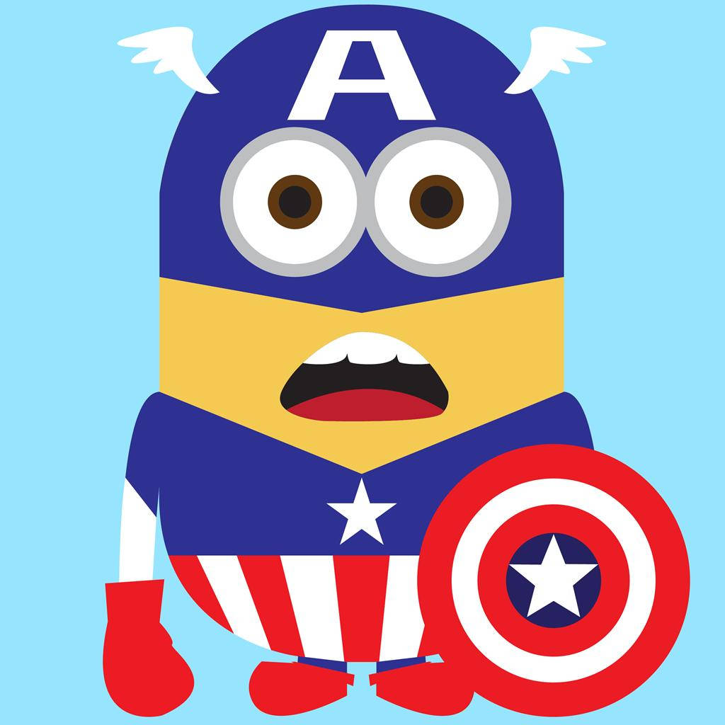 小小兵 桌布 壁紙 — 卡通 Minion 打扮成美國隊長，在淺藍色背景下拿著盾牌。
