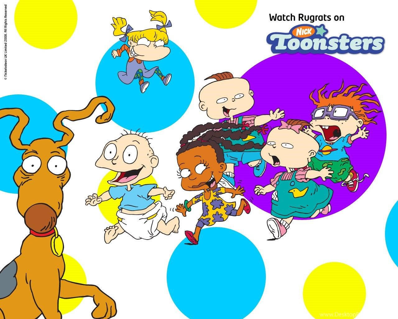Cartoon 桌布 壁紙 — 卡通 Rugrats 角色在充滿活力的圓點背景上，以鮮明的原色歡樂跳躍。