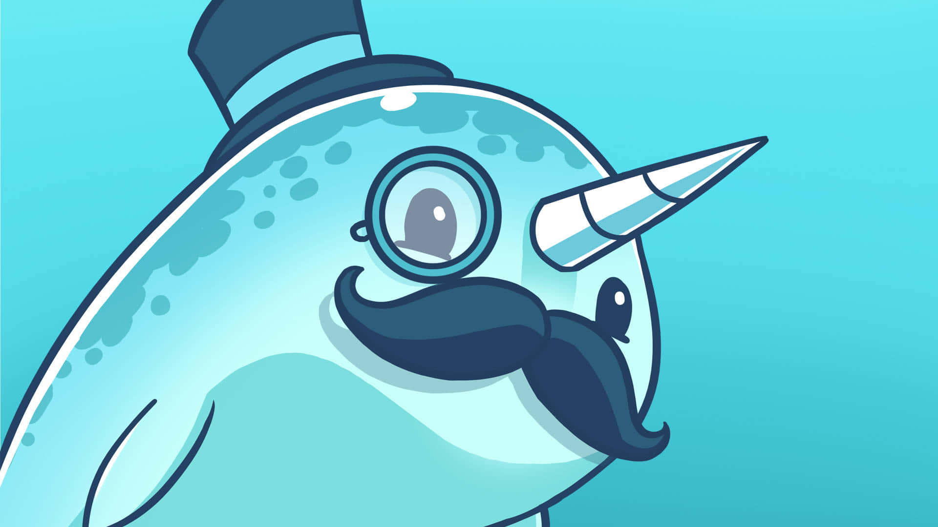 Narwhal 桌布 壁紙 — 卡通一角鯨戴著高帽、單片眼鏡和鬍子，背景為青綠色。