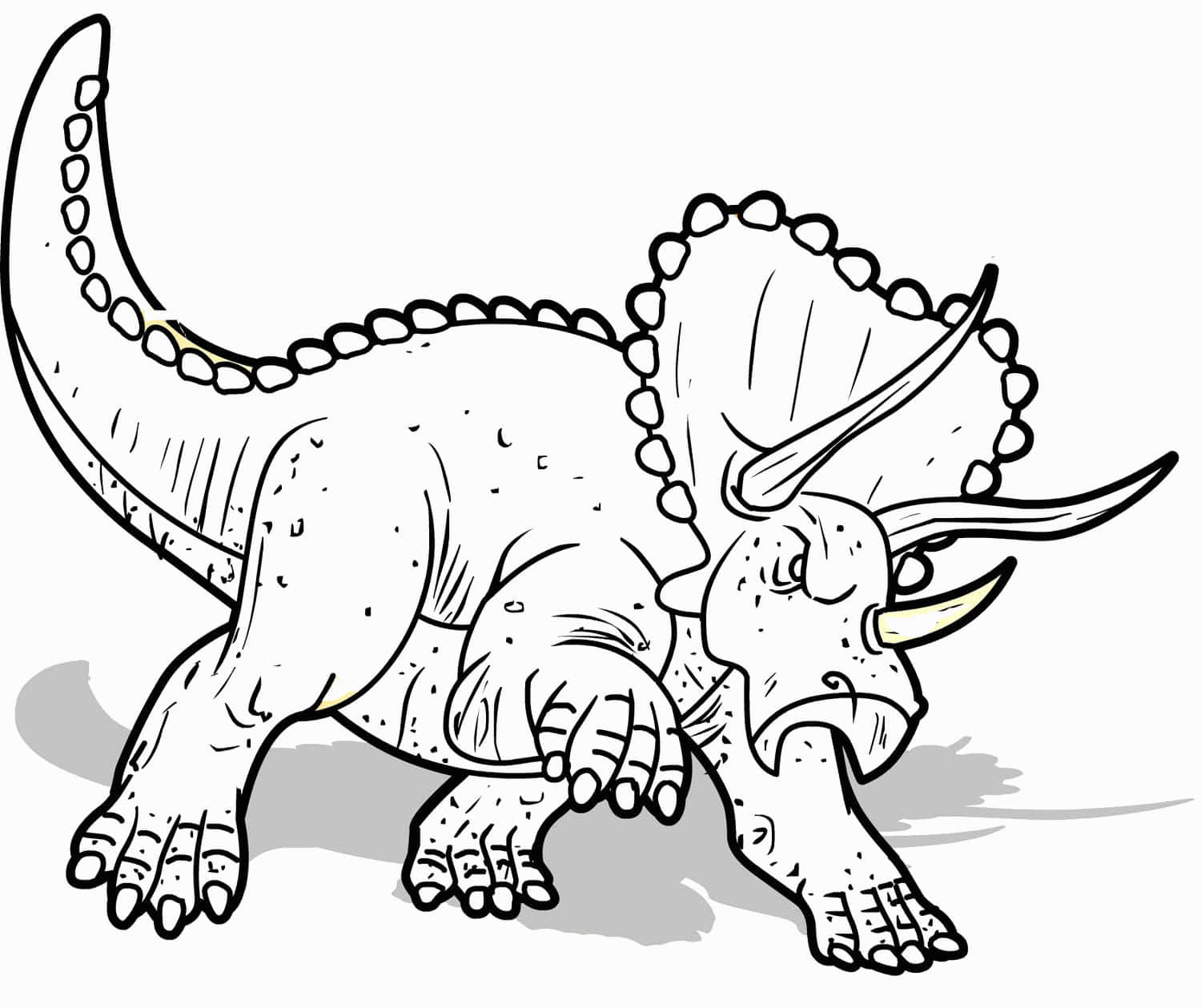 Dinosaur Coloring 桌布 壁紙 — 卡通三角龍，帶有尖刺的頭盾和三隻角，以俏皮的姿勢站立，下方有簡單的陰影。