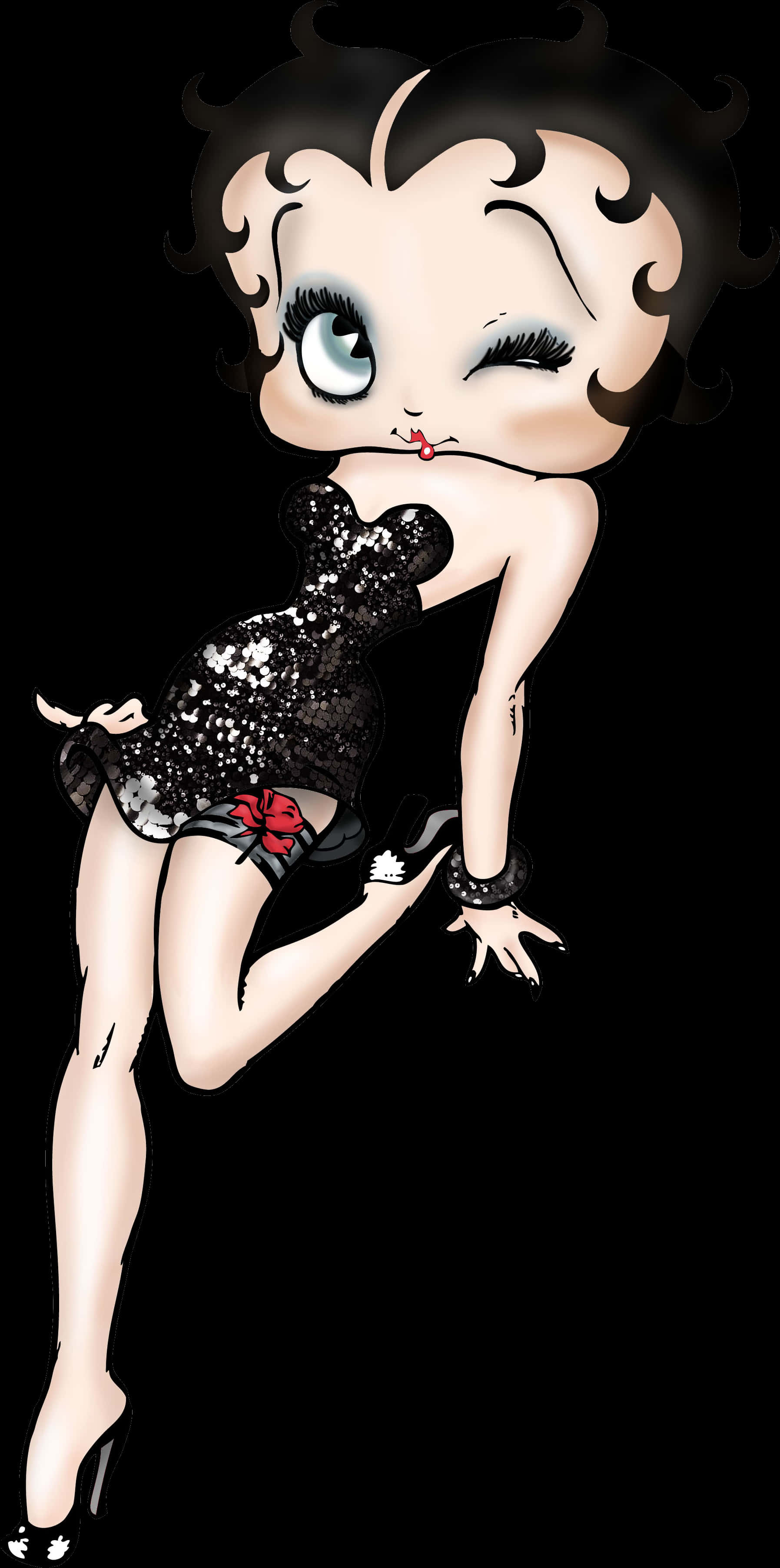 Cartoon 桌布 壁紙 — 卡通人物 Betty Boop 身穿黑色亮片連衣裙，在純黑背景下眨眼。
