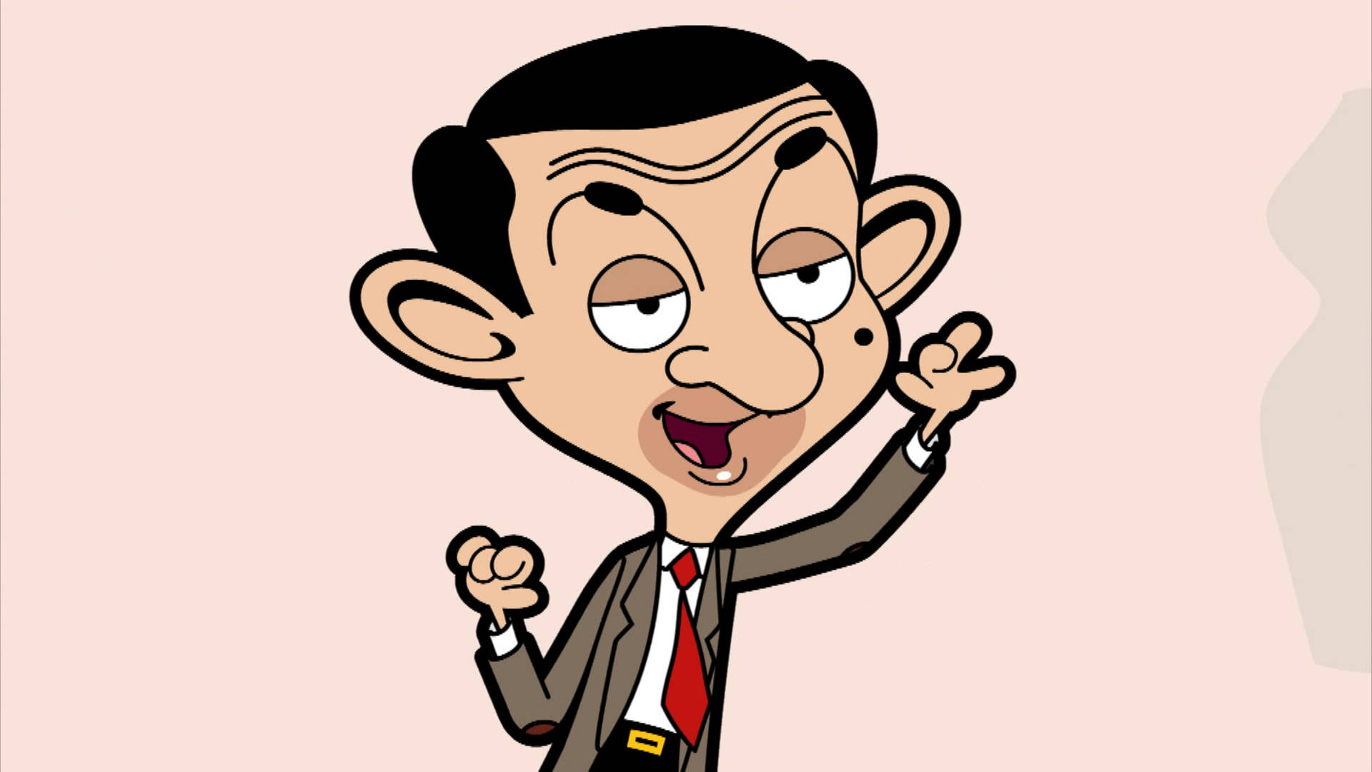 豆豆先生 桌布 壁紙 — 卡通人物 Mr Bean 身穿西裝和紅色領帶，在柔和的粉紅色背景前擺出俏皮的姿勢。