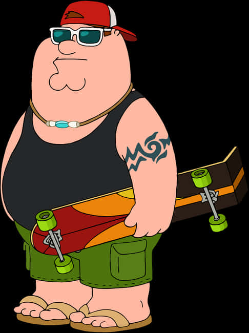 Peter Griffin 手持滑板，戴太陽眼鏡和穿人字拖。