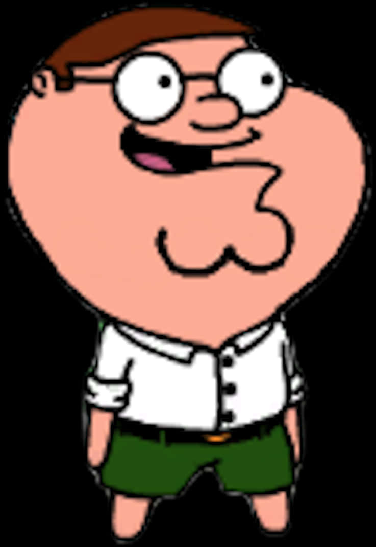 卡通人物 Peter Griffin 戴眼鏡穿綠色短褲微笑。