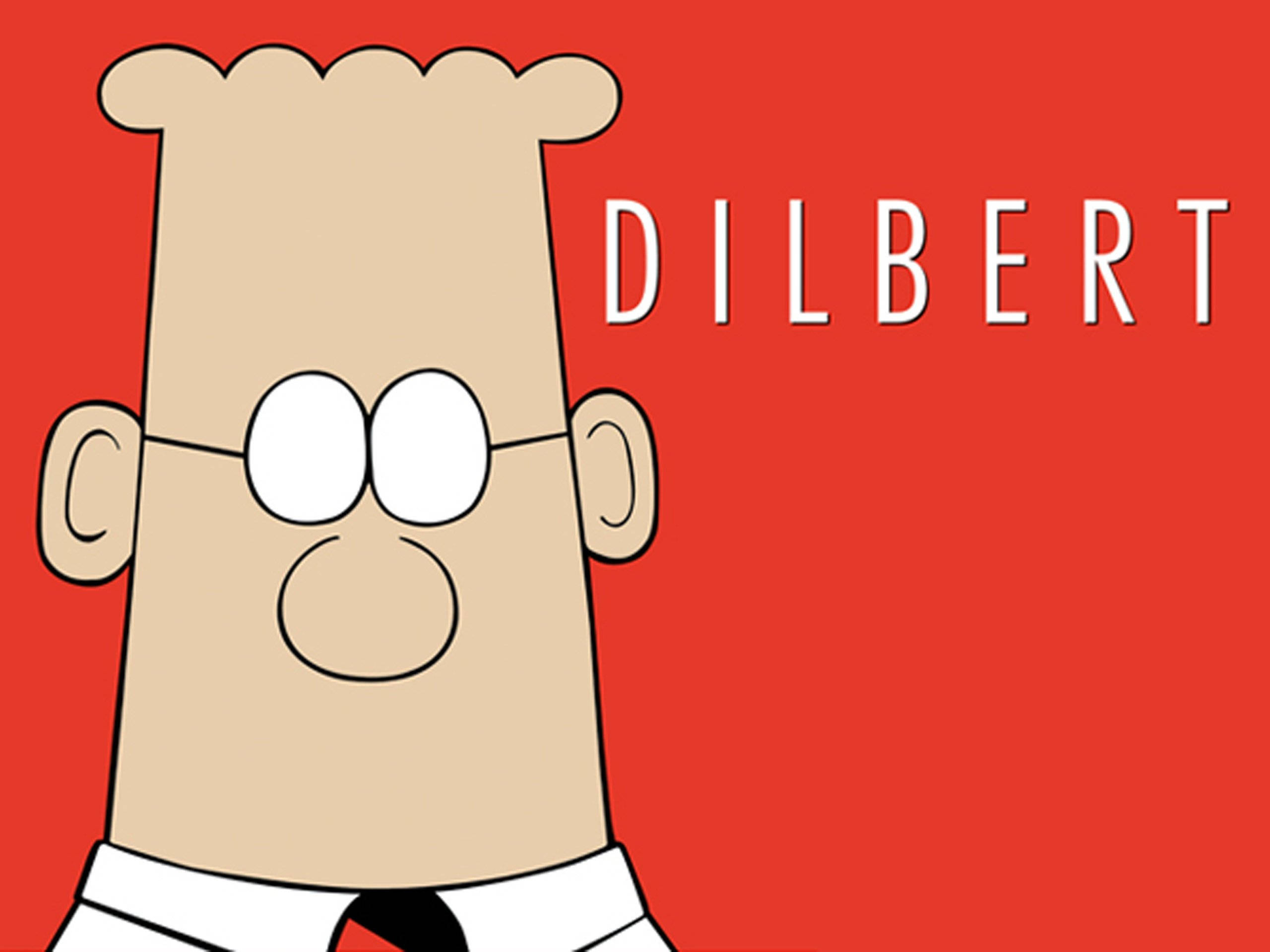 Comics 桌布 壁紙 — 卡通人物Dilbert身穿白襯衫打領帶，在純紅色背景上茫然凝視，他的名字以粗體白色字母呈現。