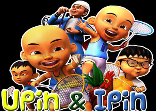Upin Ipin 桌布 壁紙 — 卡通人物Upin和Ipin與朋友們在黑色背景前手持羽毛球拍。