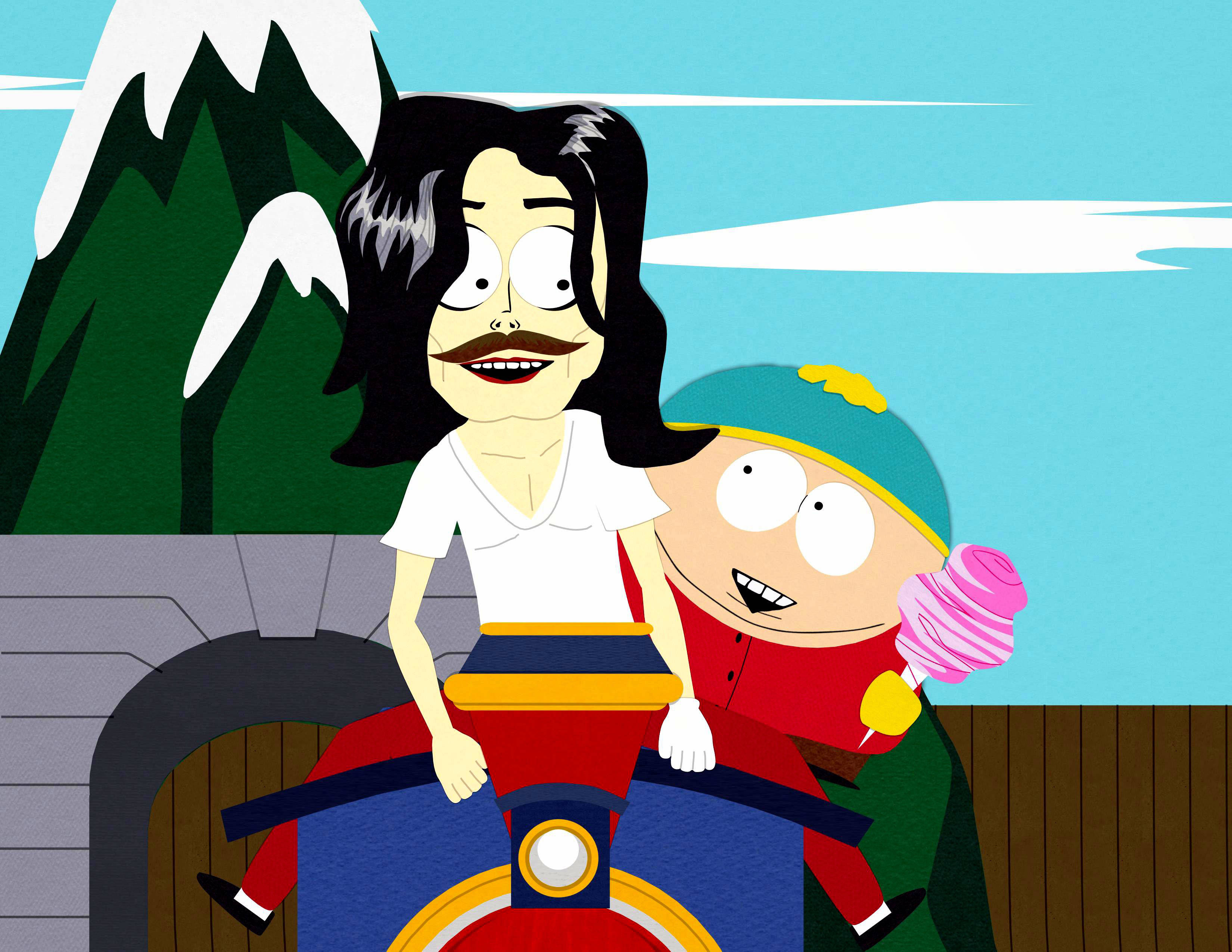 Cartman 桌布 壁紙 — 卡通人物乘坐火車穿過白雪覆蓋的山口，在晴朗的藍天下。