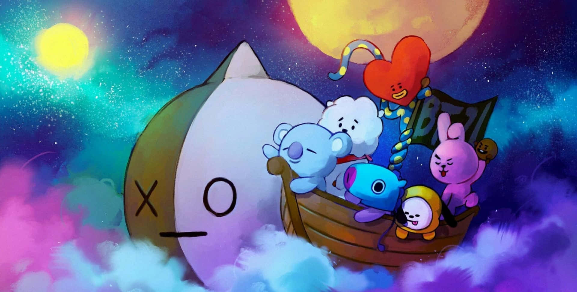 BT21 桌布 壁紙 — 卡通人物乘船穿過色彩繽紛的雲層，在閃爍的月亮和太陽下，營造出夢幻的夜空。