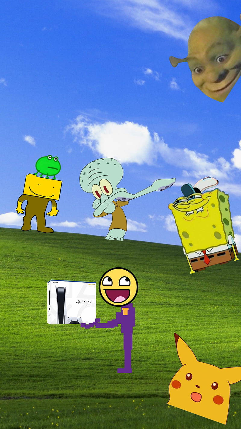 meme 桌布 壁紙 — 卡通人物包括海綿寶寶、史瑞克和皮卡丘站在有雲的藍天下的草地上。