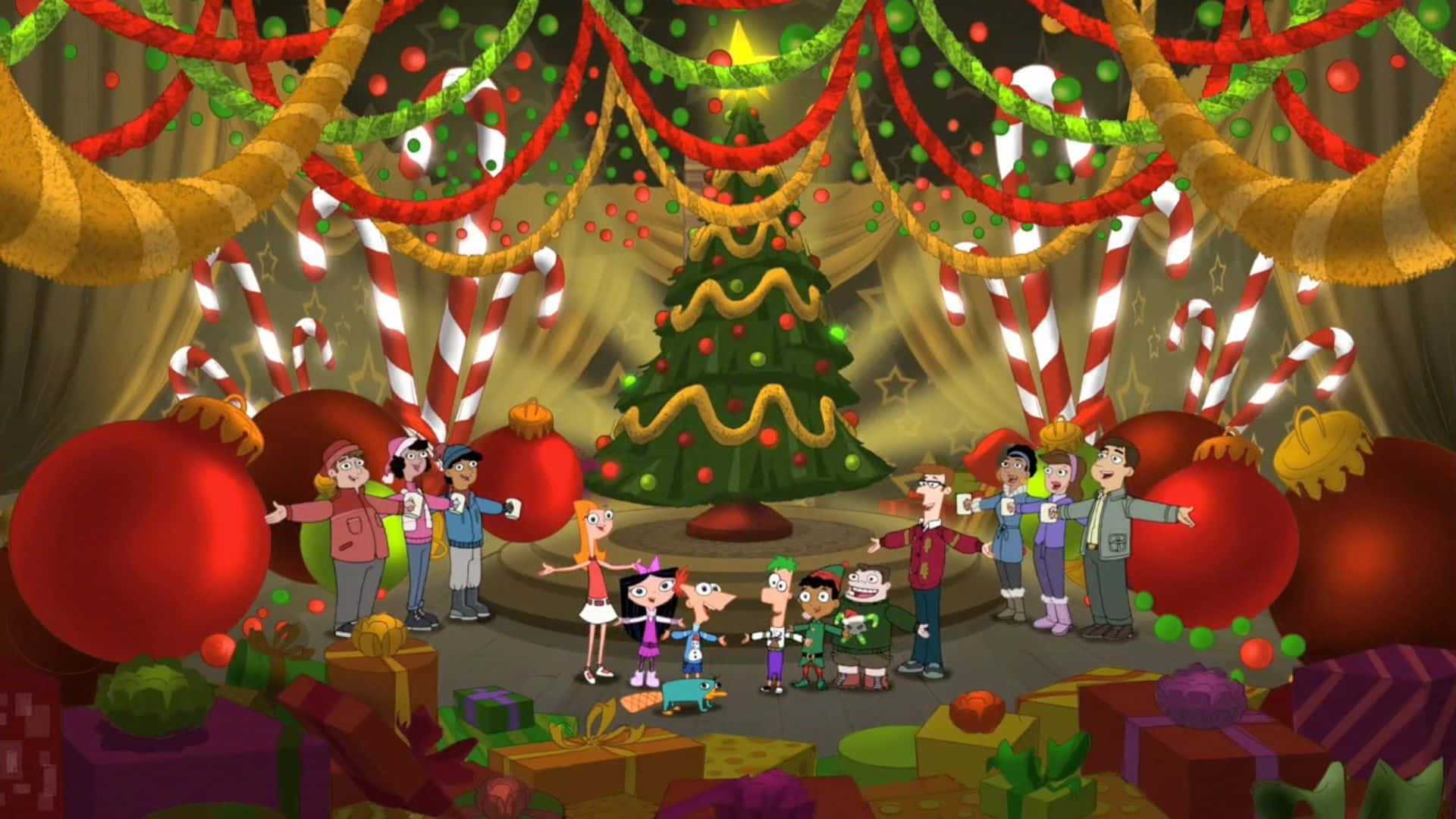 Phineas And Ferb 桌布 壁紙 — 卡通人物在一個以糖果為主題的房間裡慶祝聖誕節，房間裡有巨大的裝飾品和一棵裝飾好的聖誕樹。