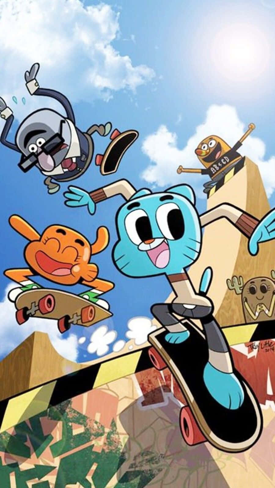 Gumball And Darwin 桌布 壁紙 — 卡通人物在半空中玩滑板，背景是明亮的藍天、蓬鬆的雲朵和佈滿塗鴉的坡道。