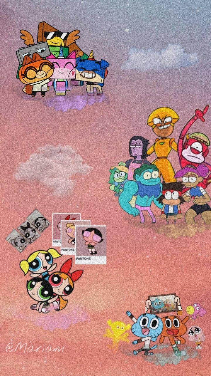 Cartoon 桌布 壁紙 — 卡通人物在帶有雲朵和星星的粉彩粉紅色天空中快樂地漂浮。