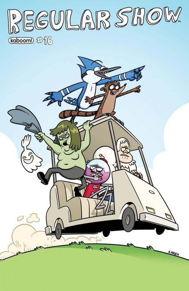 mordecai and rigby 桌布 壁紙 — 卡通人物在明亮的天空下，開心地駕駛一輛高速的高爾夫球車，車頂上有一隻藍松鴉和一隻浣熊。