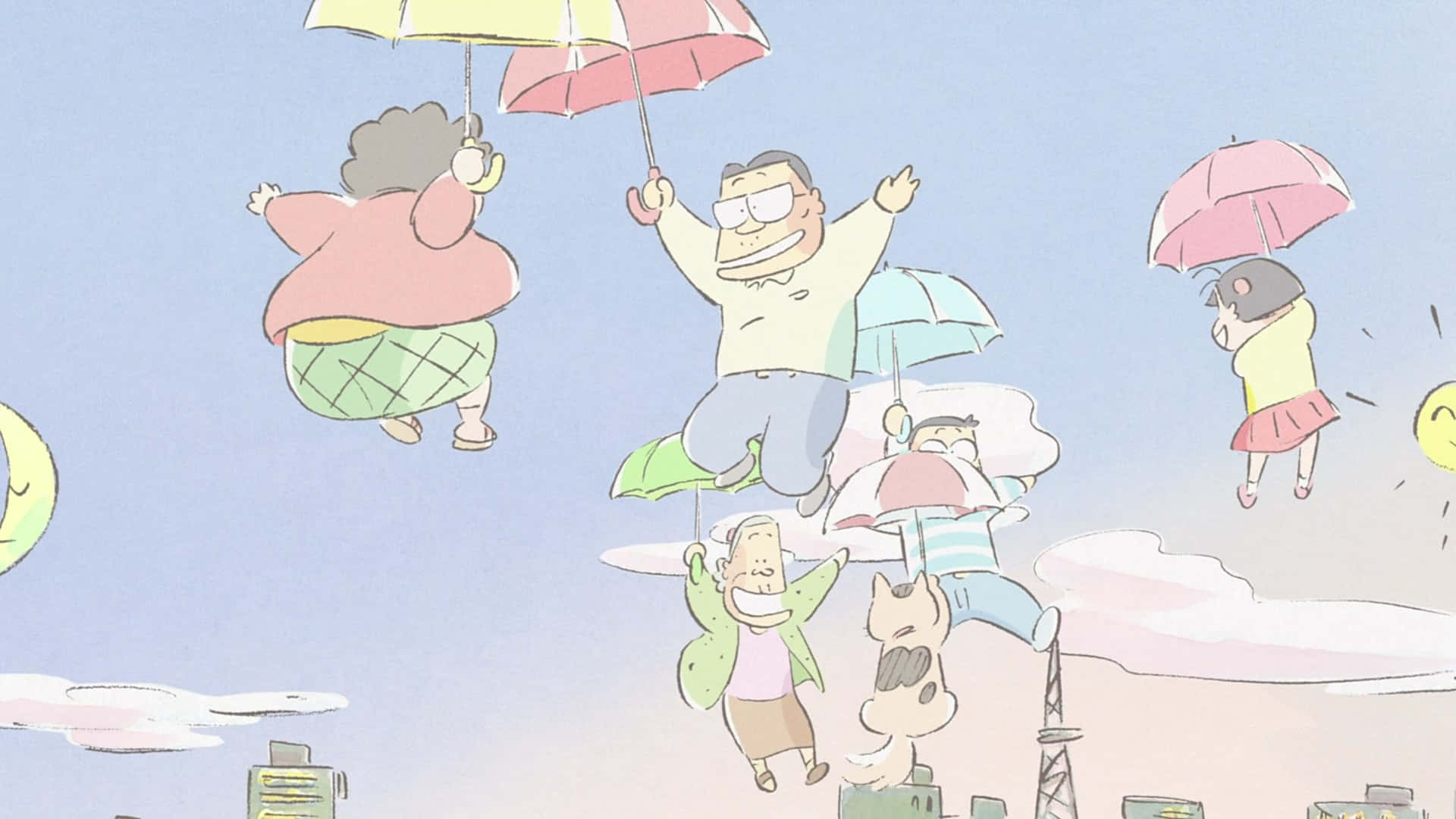 My Neighbors The Yamadas 桌布 壁紙 — 卡通人物在粉彩色的天空中快樂地漂浮，在城市景觀上方拿著彩色雨傘。