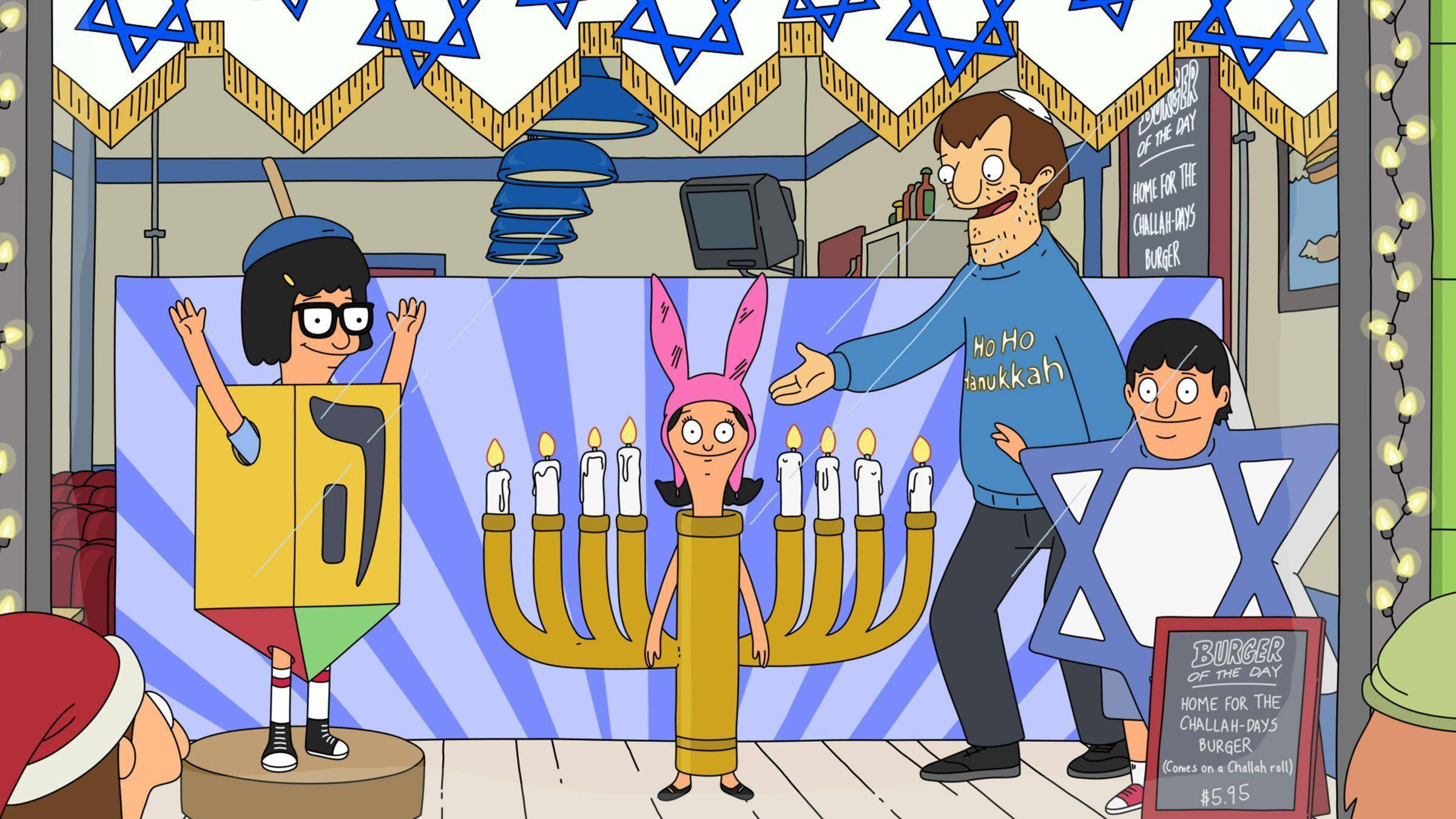 bob's burgers 桌布 壁紙 — 卡通人物打扮成光明節符號，在裝飾有大衛之星的節日餐廳裡與巨型燭台一起慶祝。