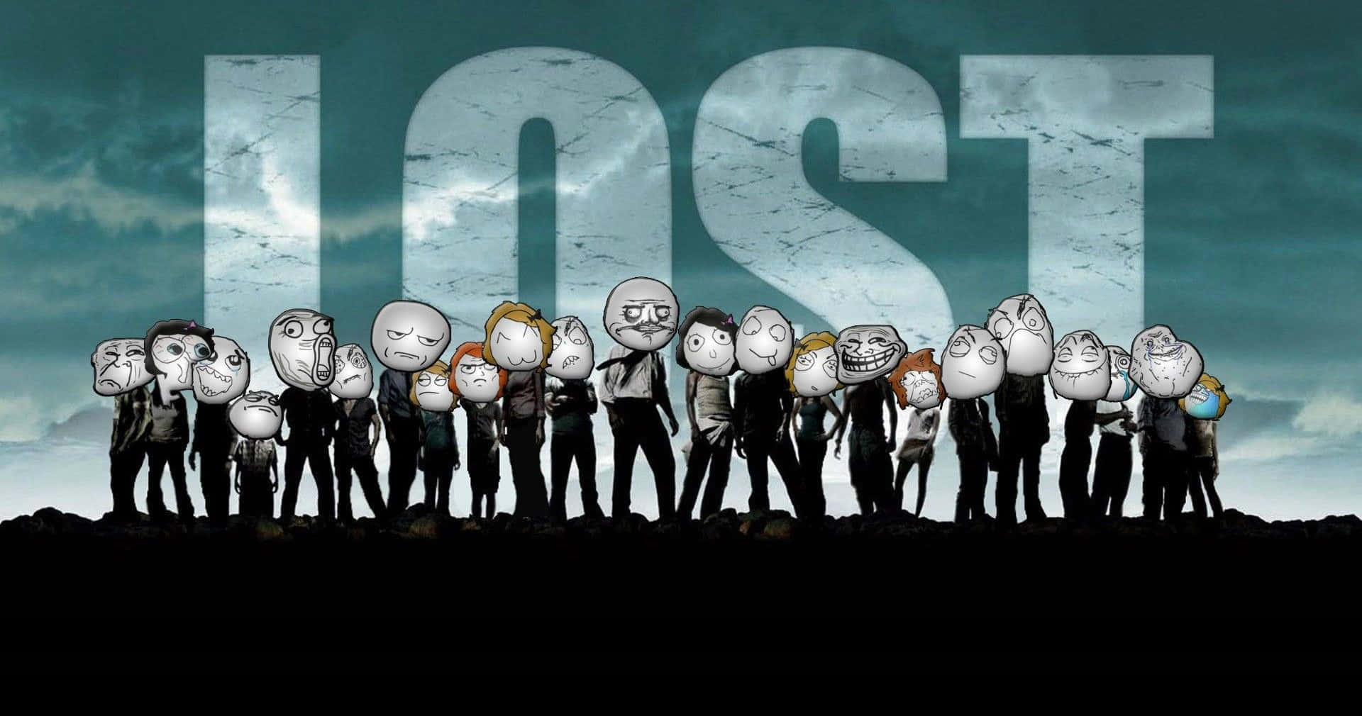 meme 桌布 壁紙 — 卡通人物誇張的表情排成一排，站在一個大型風化的「LOST」標誌下面，背景是暴風雨的藍綠色天空。