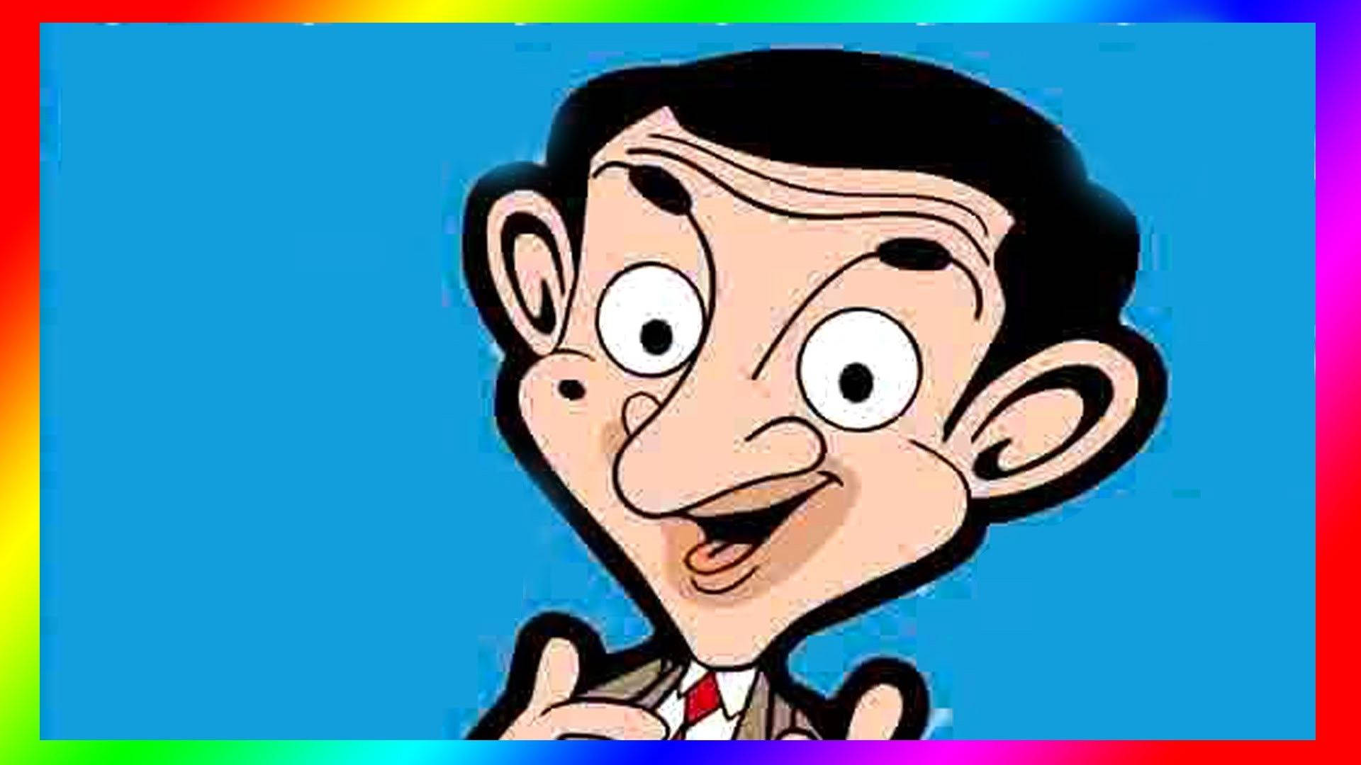 Funny Cartoon 桌布 壁紙 — 卡通人物豆豆先生（Mr Bean）表情誇張，背景為鮮豔彩虹邊框和藍色背景。