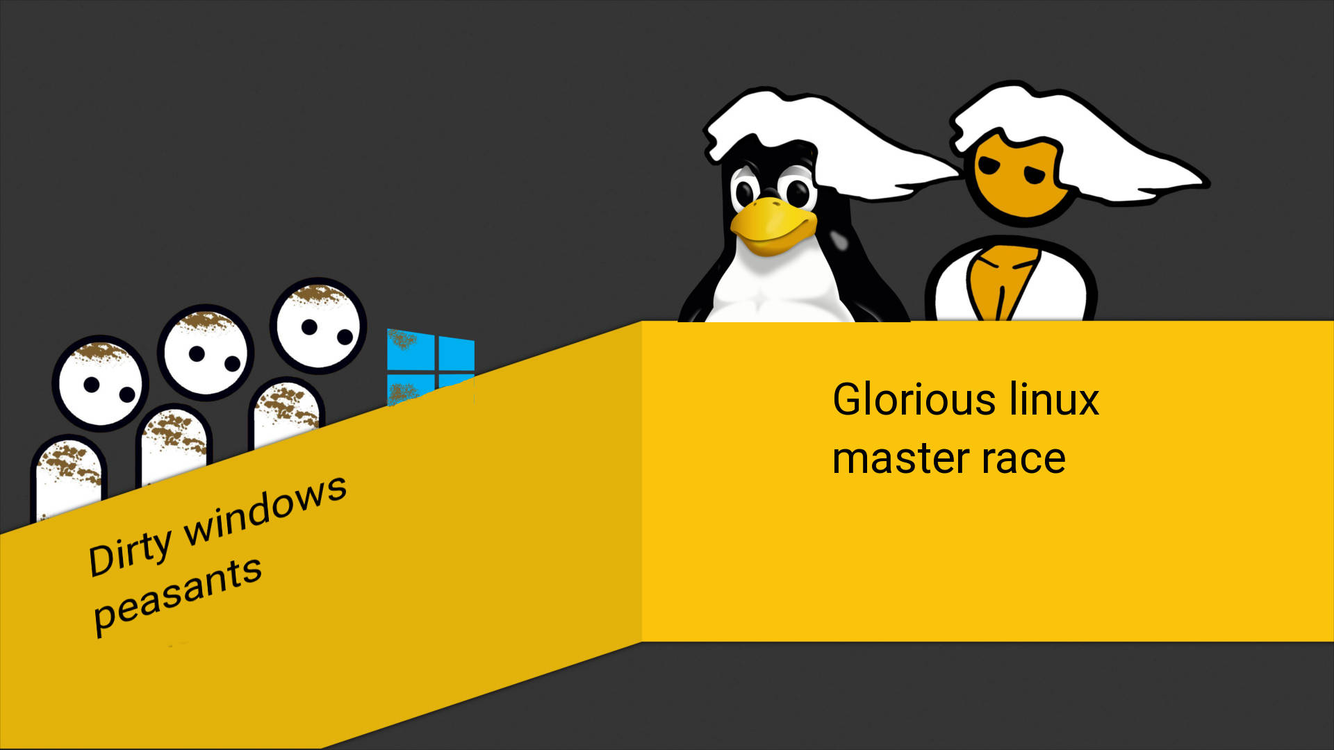 Linux企鵝和一個形體在一個黃色斜坡上，斜坡標有「Glorious linux master race」，上方有「Dirty windows peasants」和Windows標誌。 — Microsoft 壁紙