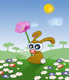 卡通兔子與花開草甸 壁紙