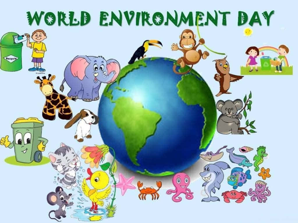 World 桌布 壁紙 — 卡通動物和兒童圍繞著一個藍色地球儀，在世界環境日推廣回收和環保意識。