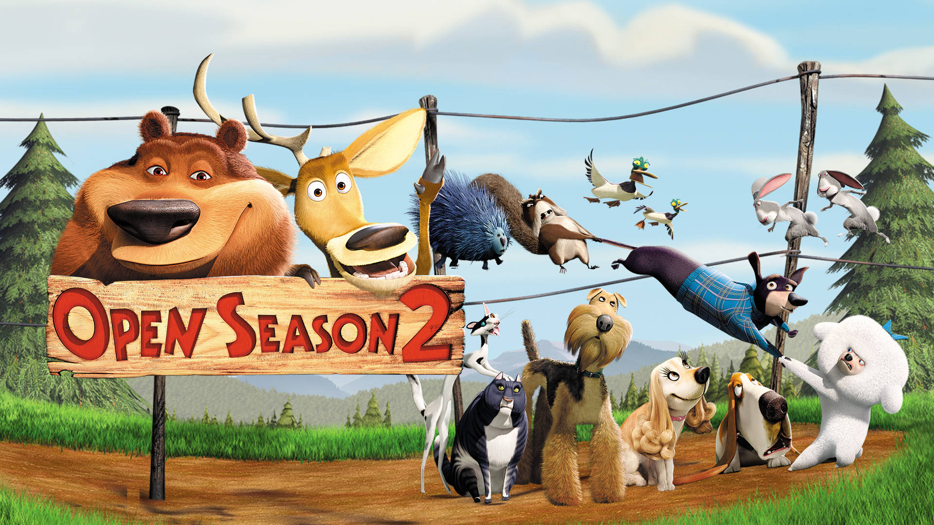 電影動圖 桌布 壁紙 — 卡通動物聚集在森林空地上的一個木製「Open Season 2」標誌周圍，天空蔚藍。