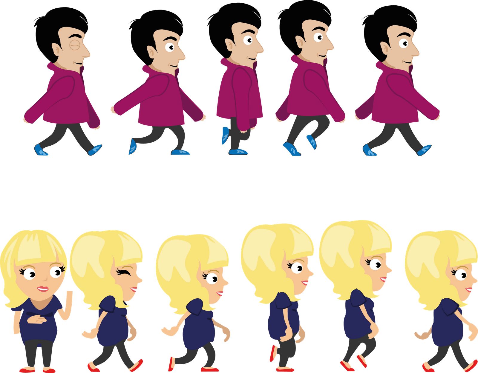 walk 桌布 壁紙 — 卡通動畫幀顯示一男一女在黑色背景上以循環動作並排行走。