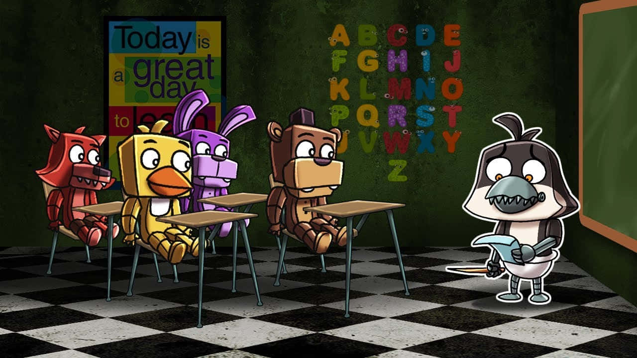 Fnaf Daycare 桌布 壁紙 — 卡通動畫角色坐在書桌前，在一個令人毛骨悚然的教室裡，地板是棋盤格，牆上有字母。