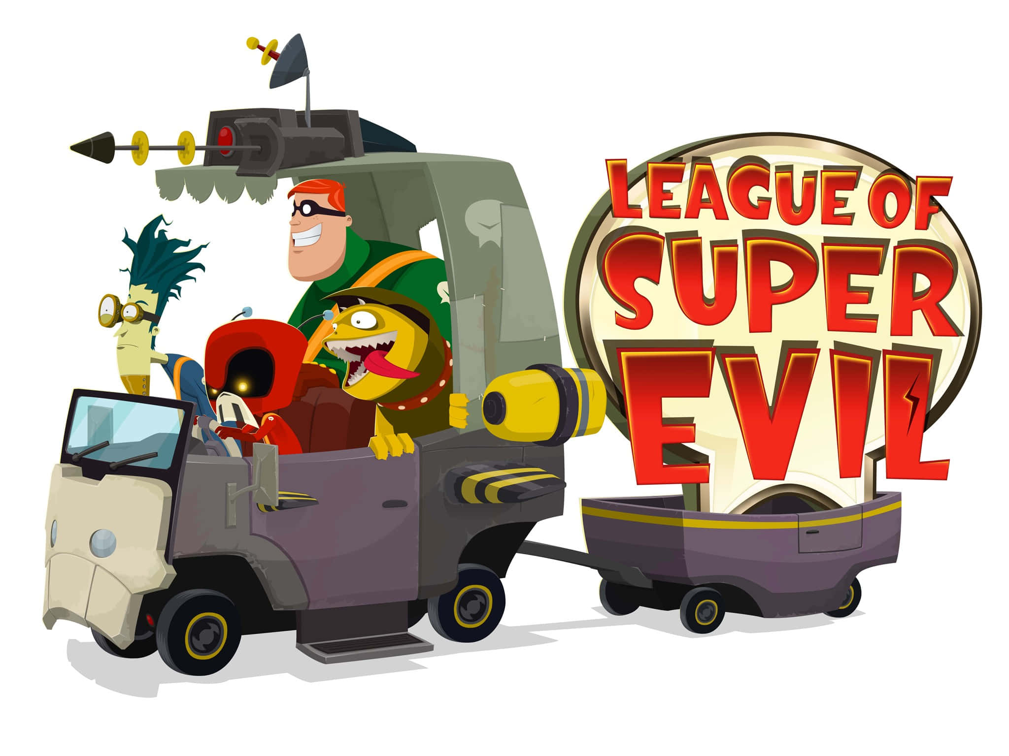 The League Of Super Evil 桌布 壁紙 — 卡通反派在一輛古怪的車輛上，帶有『League of Super Evil』標誌。