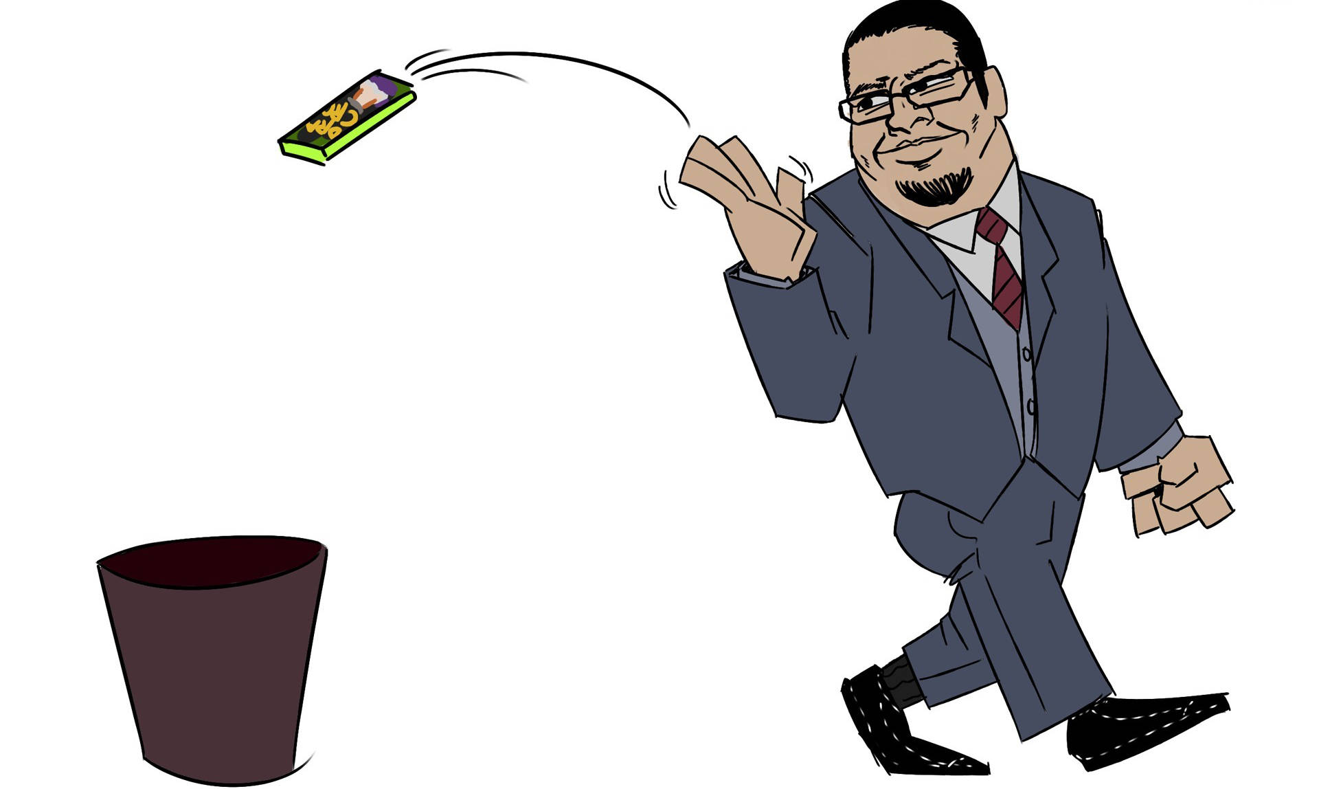 meme 桌布 壁紙 — 卡通商人穿著西裝，愉快地揮手將糖果棒扔進垃圾桶。