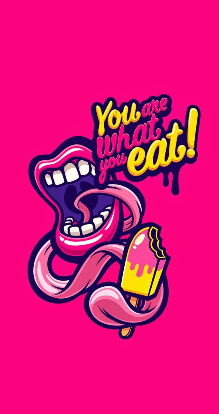 mouth 桌布 壁紙 — 卡通嘴巴伸出長長的粉紅色舌頭，舔著正在融化的冰棒，背景是亮粉紅色，並有粗體文字。