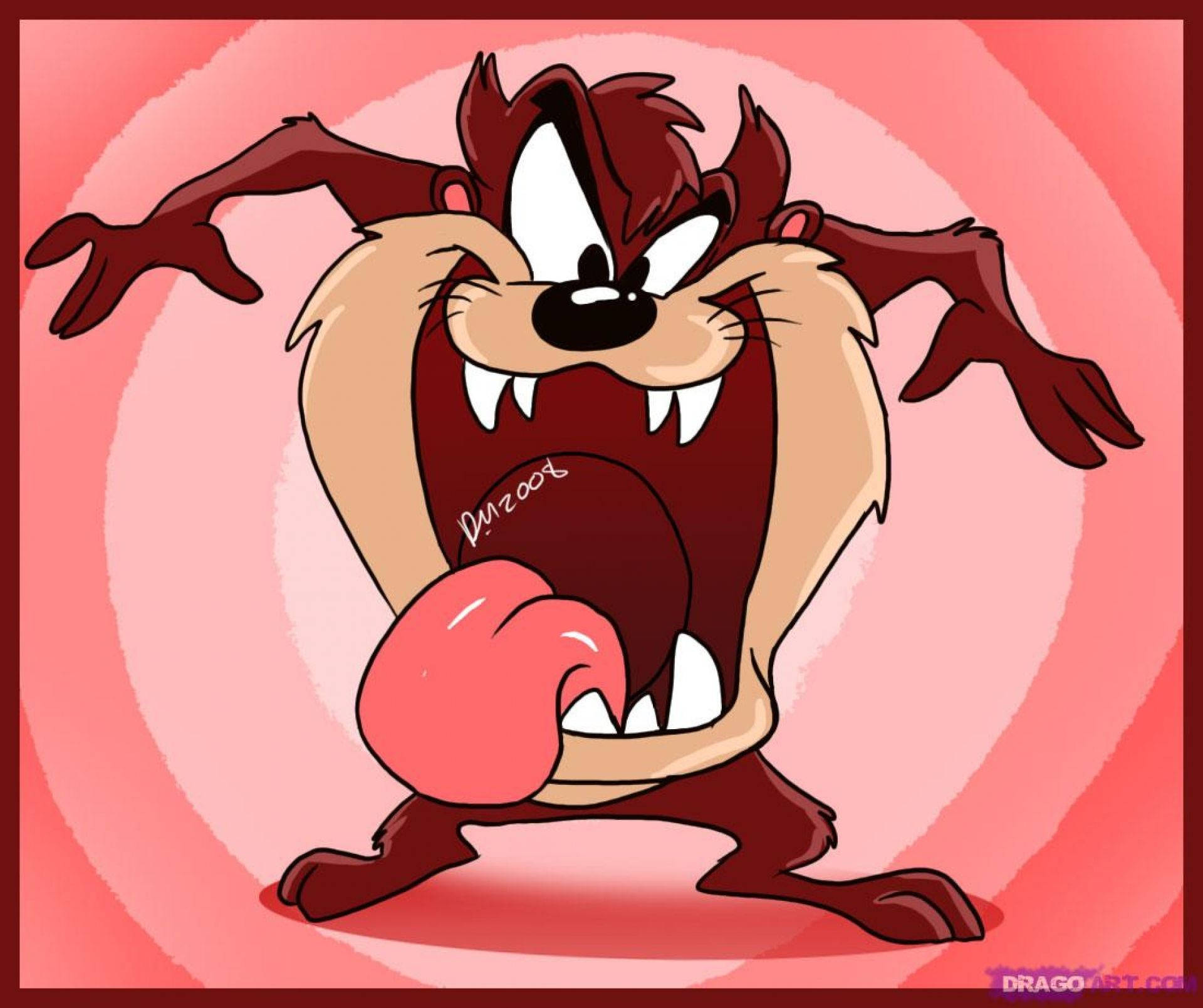 tasmanian devil 桌布 壁紙 — 卡通塔斯馬尼亞惡魔咆哮，爪子伸出，背景是旋轉的粉紅色。