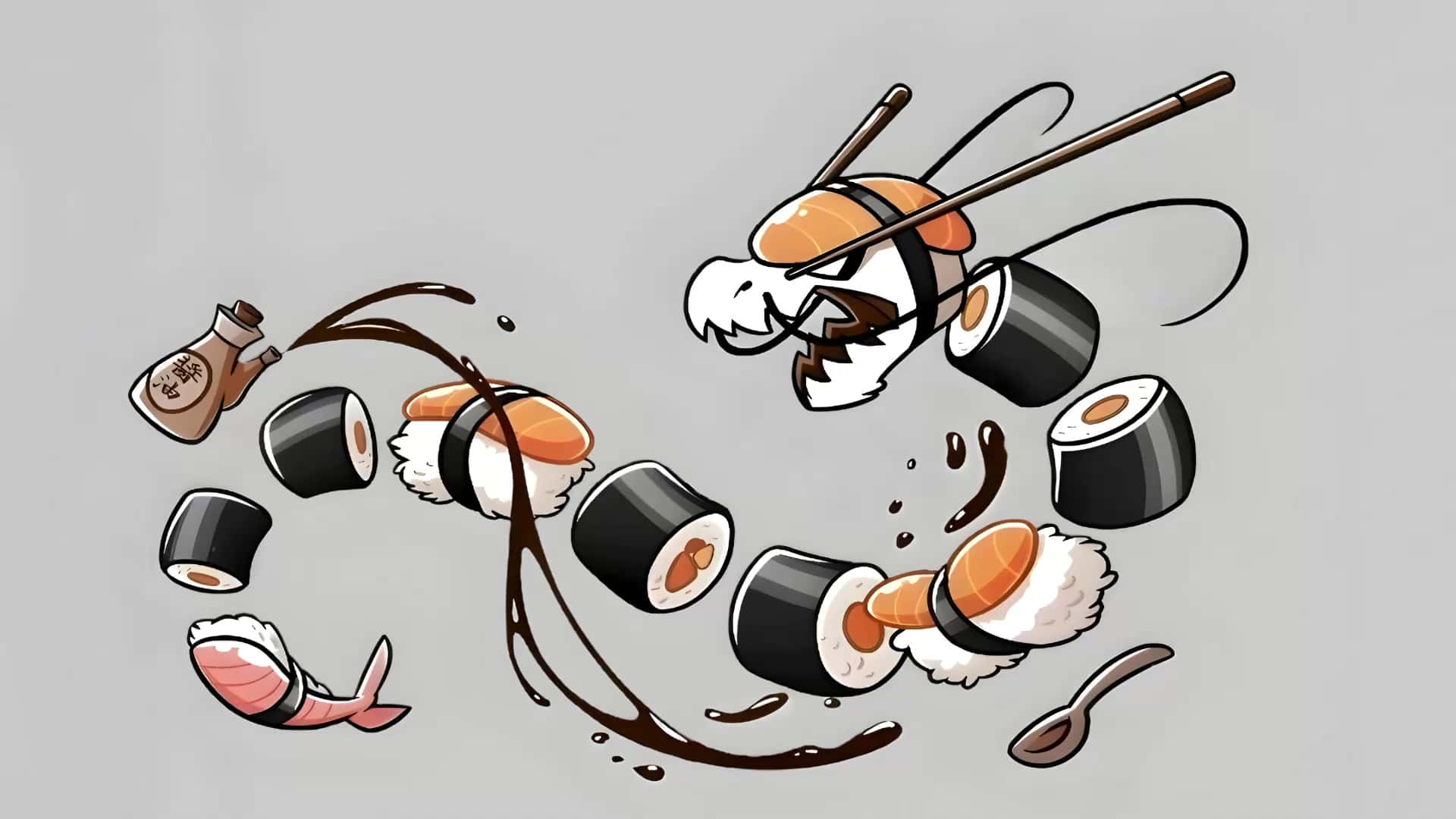 Sushi 桌布 壁紙 — 卡通壽司捲用筷子打架，醬油飛濺，壽司碎片圍繞魚和湯匙飛舞。