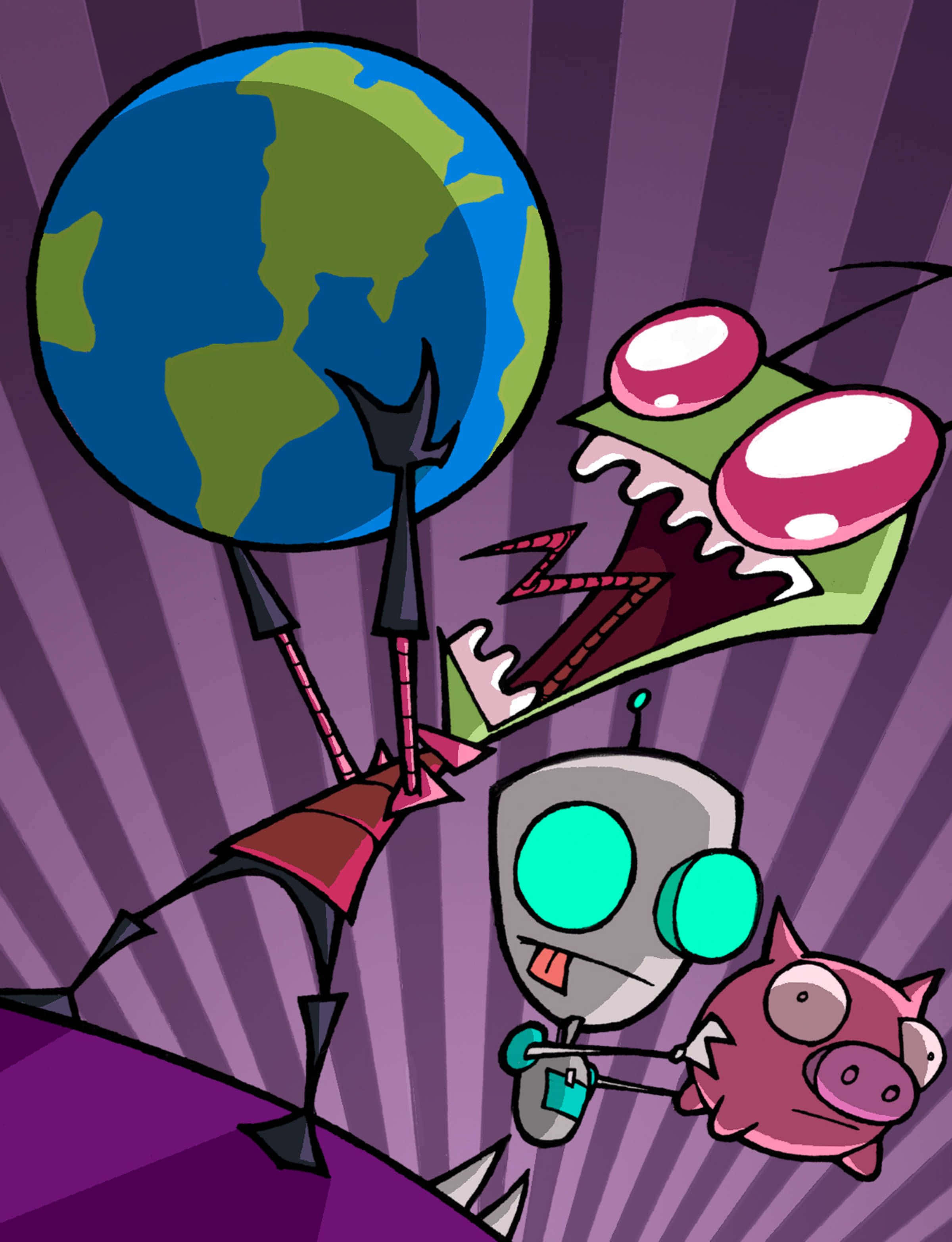 Invader Zim 桌布 壁紙 — 卡通外星人角色，帶有地球儀和豬形浮水圈，背景為紫色放射狀。
