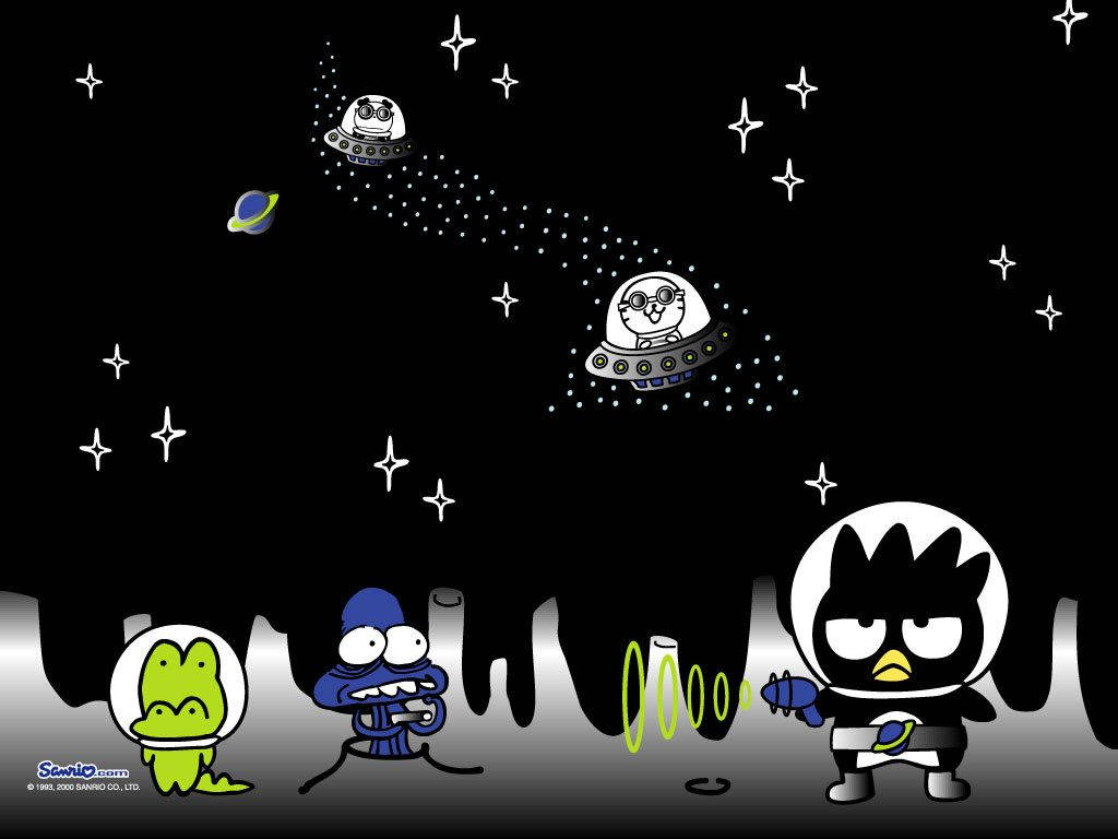 Badtz Maru 桌布 壁紙 — 卡通外星人身穿太空衣探索星空宇宙，伴有UFO和行星。