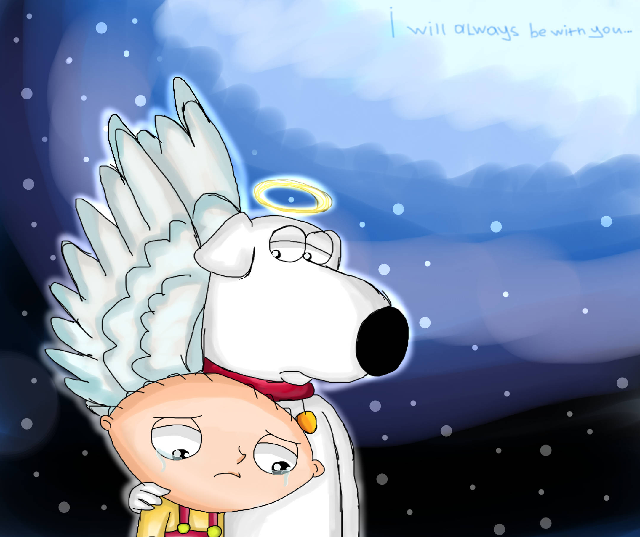 stewie 桌布 壁紙 — 卡通天使 Stewie Griffin 擁抱悲傷的嬰兒 Stewie，背景是星空夜空，帶有光環和文字「我會永遠與你同在」。