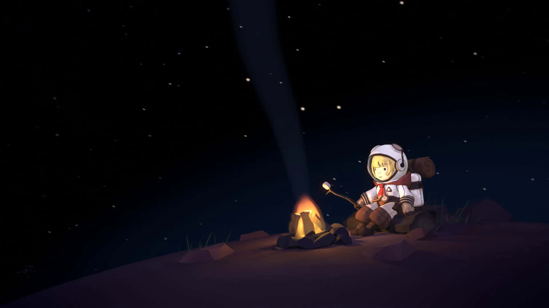 兒童太空人在星空下的營火旁烤棉花糖。 — 太空人 壁紙