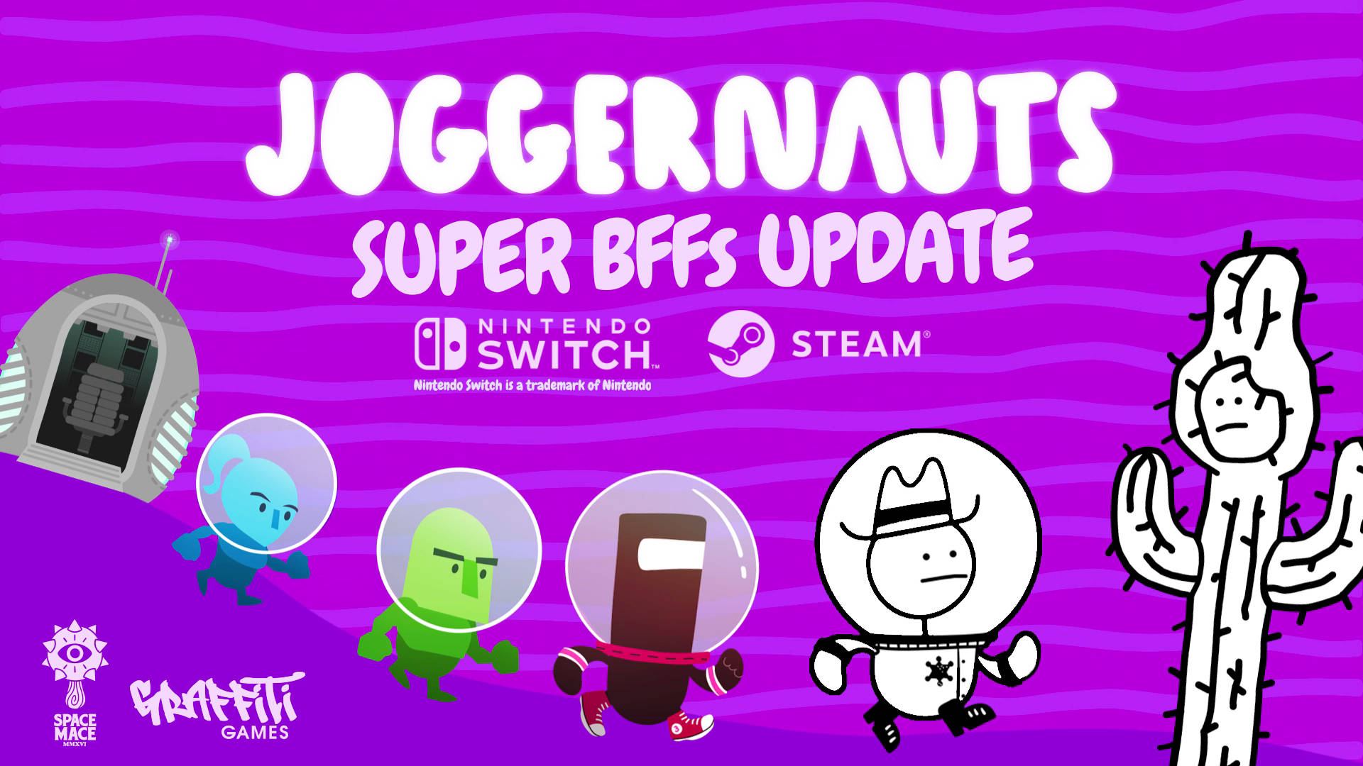 Joggernauts 桌布 壁紙 — 卡通太空人戴著泡泡頭盔，在波浪形紫色背景上慢跑經過仙人掌和太空船。