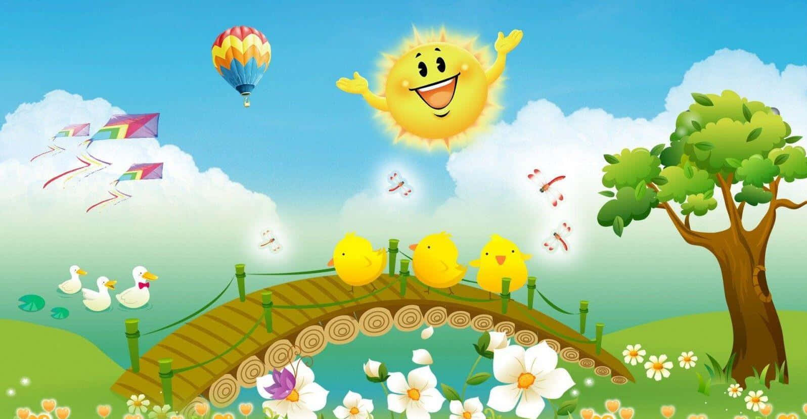 卡通太陽與鳥兒飛越橋樑 壁紙