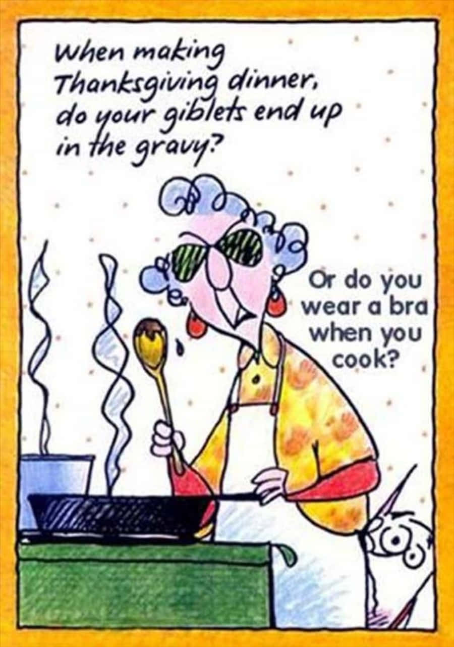 Thanksgiving Funny 桌布 壁紙 — 卡通女人在廚房裡一邊攪拌鍋子，一邊問關於感恩節烹飪的幽默問題。