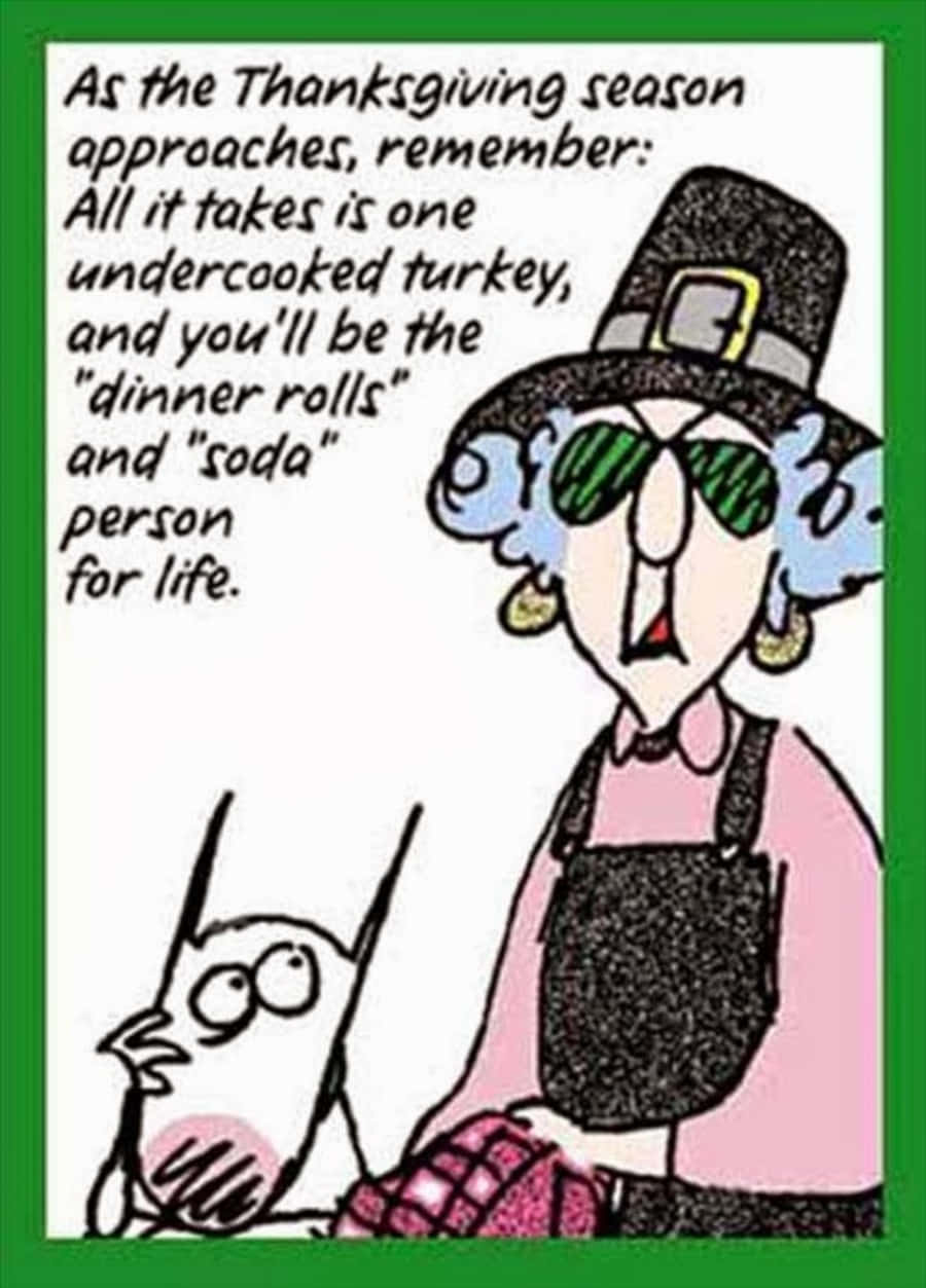 Thanksgiving Funny 桌布 壁紙 — 卡通女性戴著朝聖者帽和太陽眼鏡，拿著一隻火雞，旁邊有一隻鳥看著，文字關於感恩節的意外。
