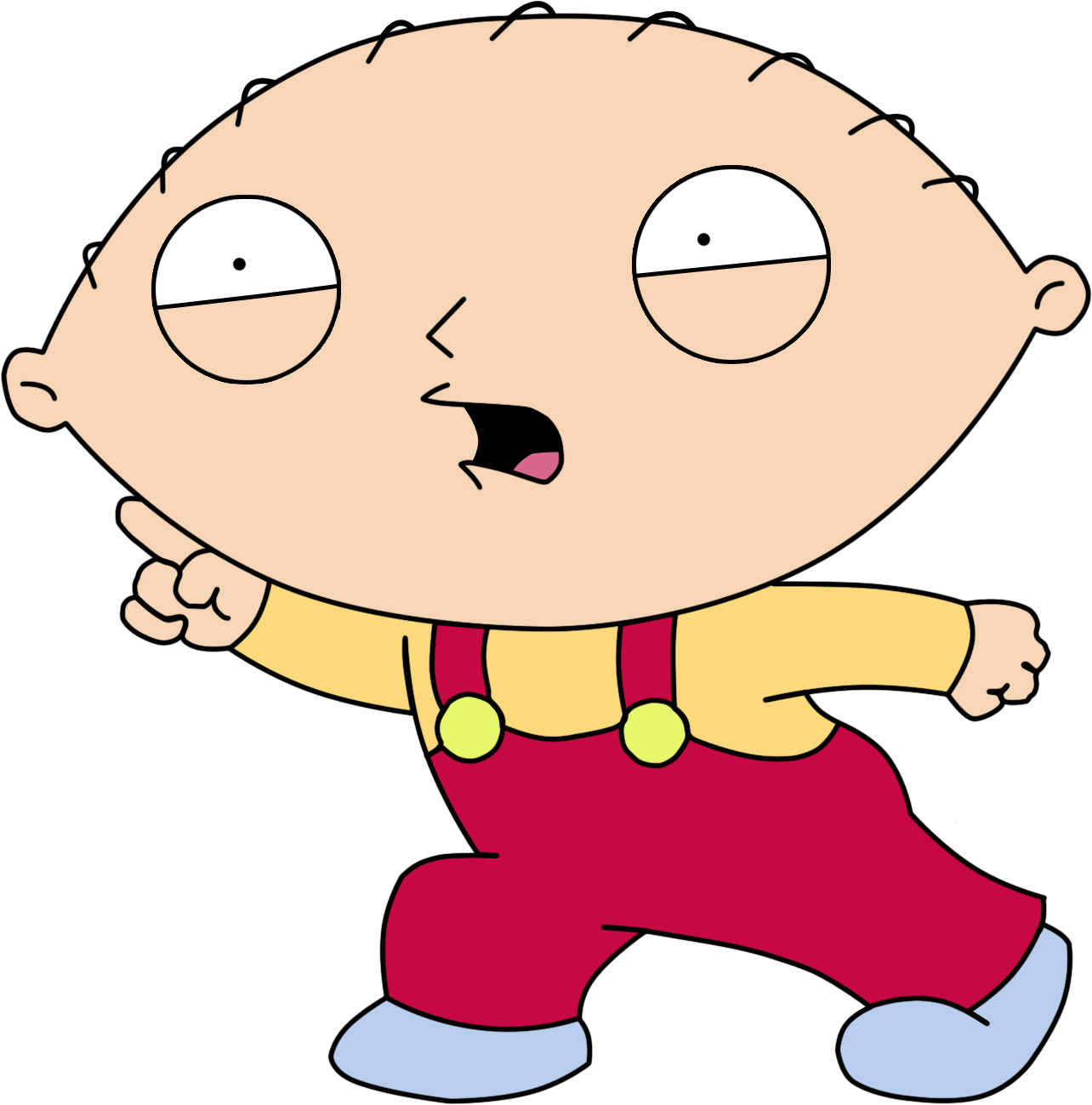 蓋酷家庭 桌布 壁紙 — 卡通嬰兒 Stewie Griffin 在黑色背景上帶著頑皮的笑容指責性地指著。