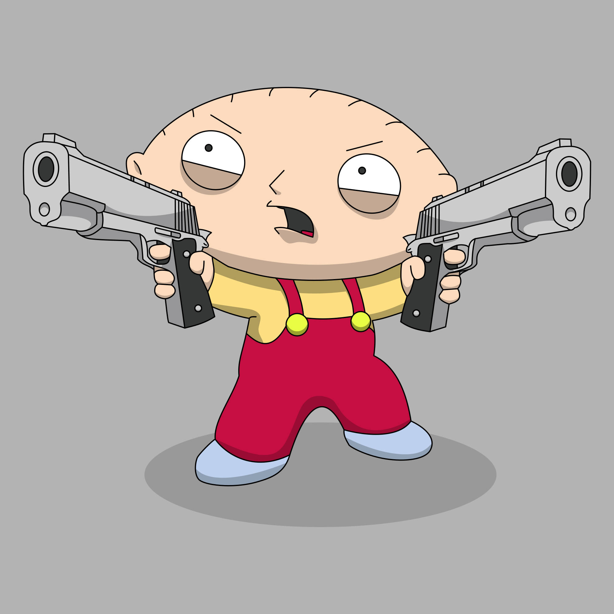 stewie 桌布 壁紙 — 卡通嬰兒穿著紅色工裝褲，在灰色背景前以挑釁姿態手持兩把手槍。